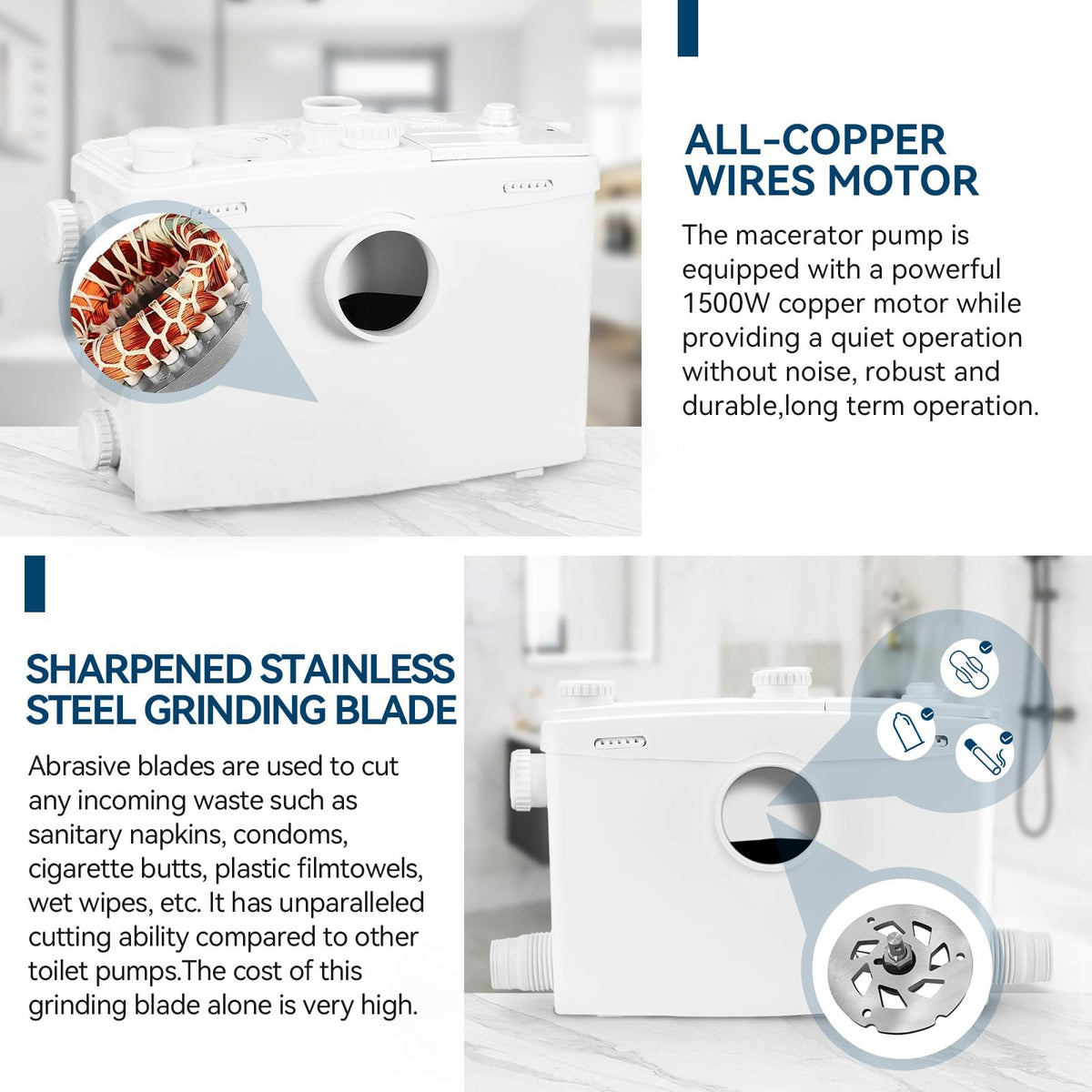 1500W Macerator Pump with Grinding Blade Toilet Pump Utility Sink Pump Upflush to 32.8FT 2800GPH Macerating Toilet System with 5 Water Inlets 1 Outlets for Toilet Sink Shower Laundry Kitchen Basement