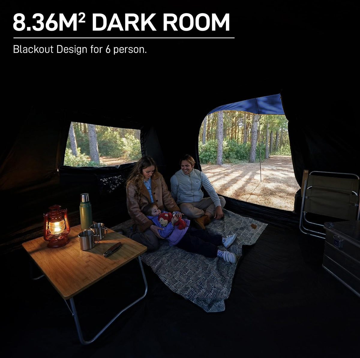 EVER ADVANCED Blackout Design 6 Person Camping Tent with 80 sq.ft Massive Vestibule, Large Mesh Screen Room, 81in Tall Expanded Headroom, Blackout Coating, 4000mm Water-Resistant Compact Grey Blue