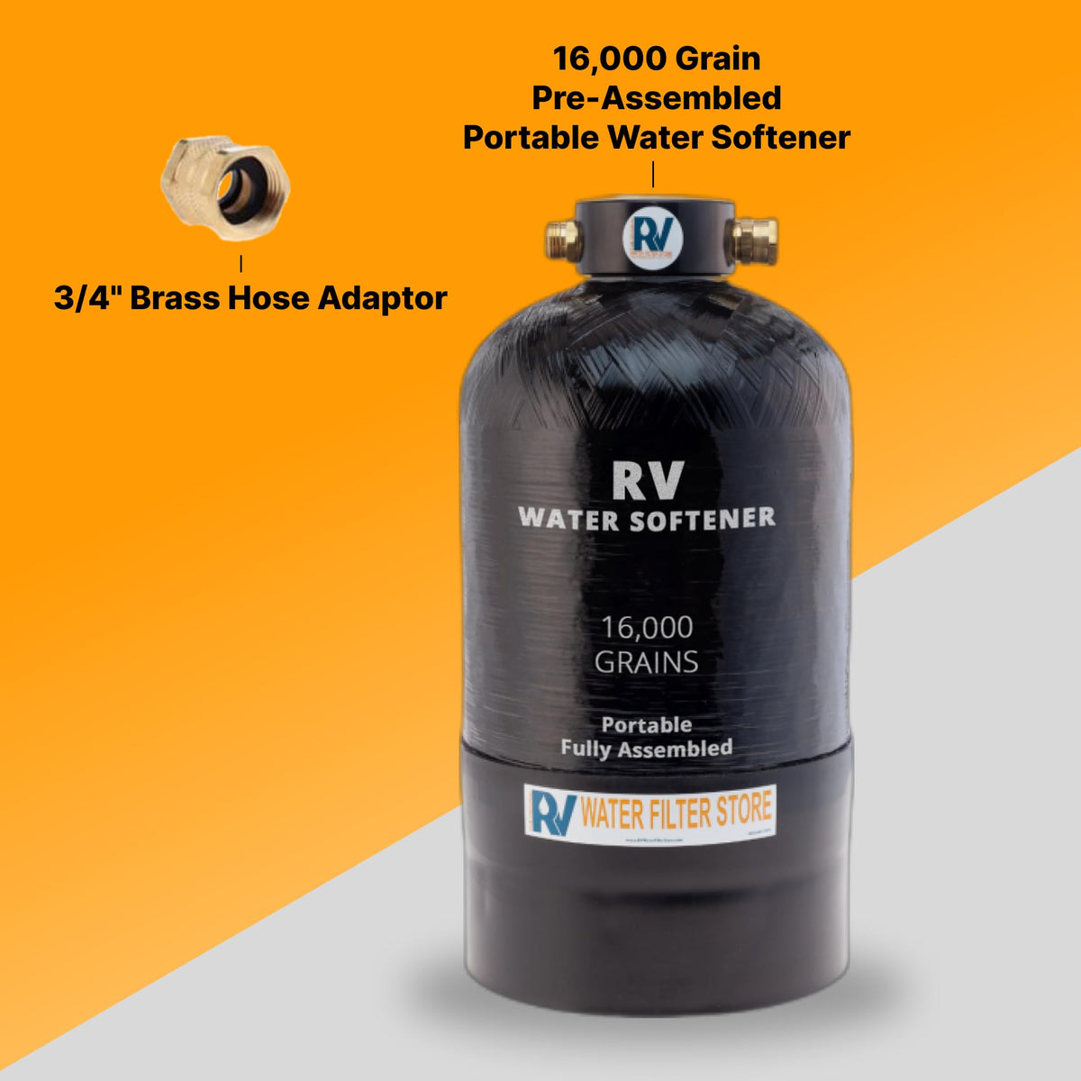 Essential RV Water Softener Portable 16,000 Grain w/o Custom Hose, Long Lasting for RVers Vanlife, 3/4" Fittings, Softens Hard Water When Traveling or Mobile Spot Reducing Car Washing