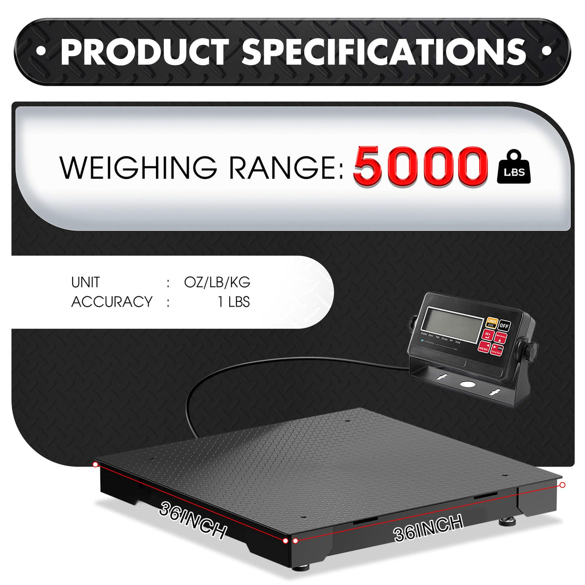 Industrial Floor Scale 36x36 Inch - 5000lb x 1lb, Heavy Duty Platform Weighing Scale with Digital Display