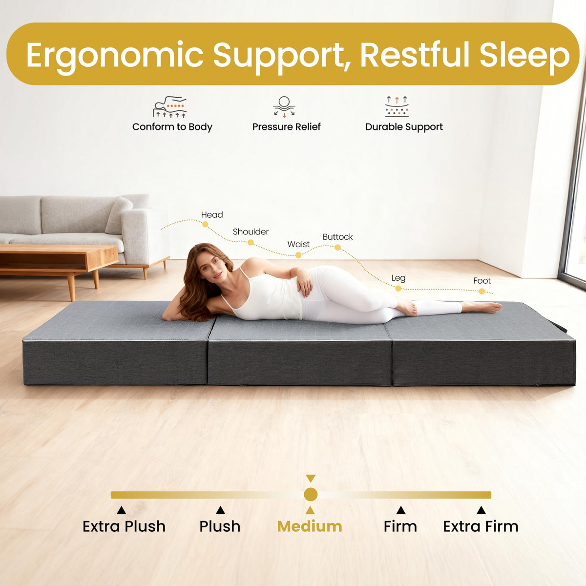 Tri Folding Mattress King Size - 6 Inch Dual-Layer Memory Foam Foldable Mattress Portable Floor Bed Sofa with Removable Washable Cover, Handle & Non-Slip Bottom for Guest, Camping, RV, Yoga, Home Use