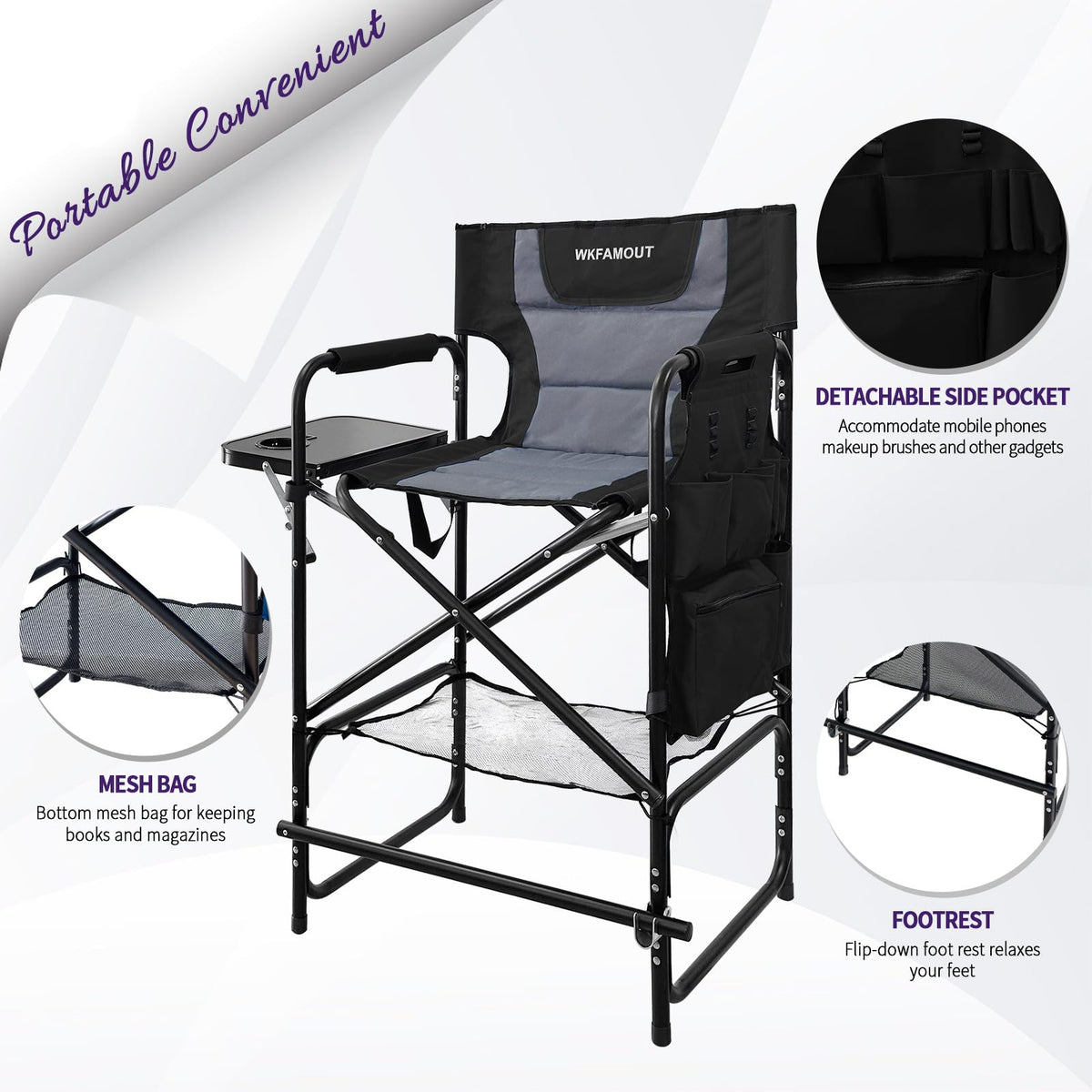 WKFAMOUT Tall Folding Directors Chair with Side Table 30.71" Seat Height Foldable Camping Chair Bar Stool for Makeup Artist Face Painting with Footrest and Storage Pocket Supports 350LBS