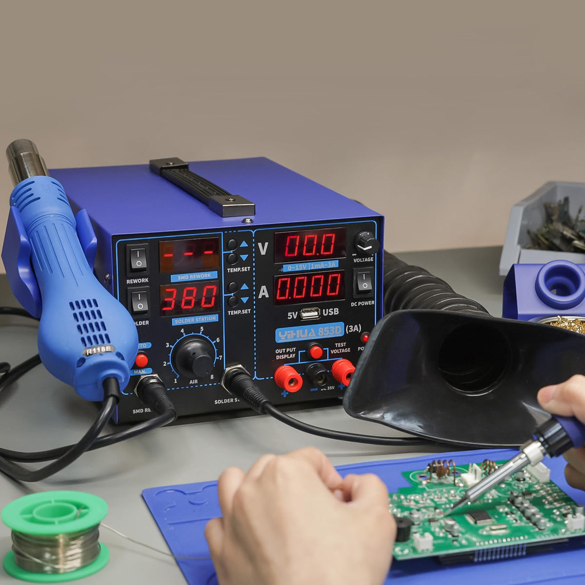 YIHUA 853D USB 3A-Three Tools- Soldering Station, Hot Air Rework Station and Power Supply 0~3A, 0-15V with output and test modes. Also ºC/°F display, Digital Cal, Sleep Function