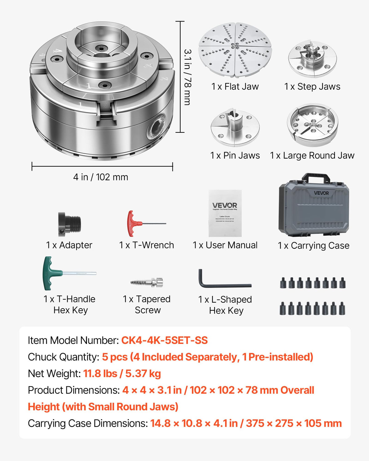 VEVOR 4 Inch Wood Lathe Chuck, 4-Jaw, Self-Centering Wood Turning Chuck Set with 1" x 8TPI Thread & Adapter, 5 PCS Jaws Round/Flat/Step/Pin, Carry Case, Nickel-Plated Finish, for Woodworking Lathe