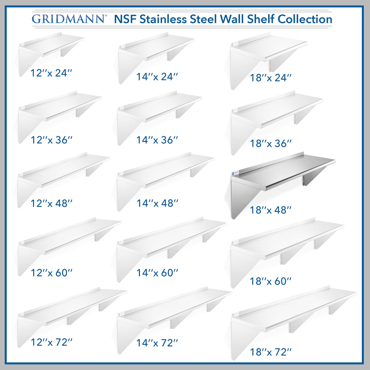 GRIDMANN 18" x 48" Stainless Steel Wall Mount Shelf with Backsplash, Commercial Grade - NSF Certified 18 Gauge Shelving for Restaurant, Kitchen, Utility Room, Garage