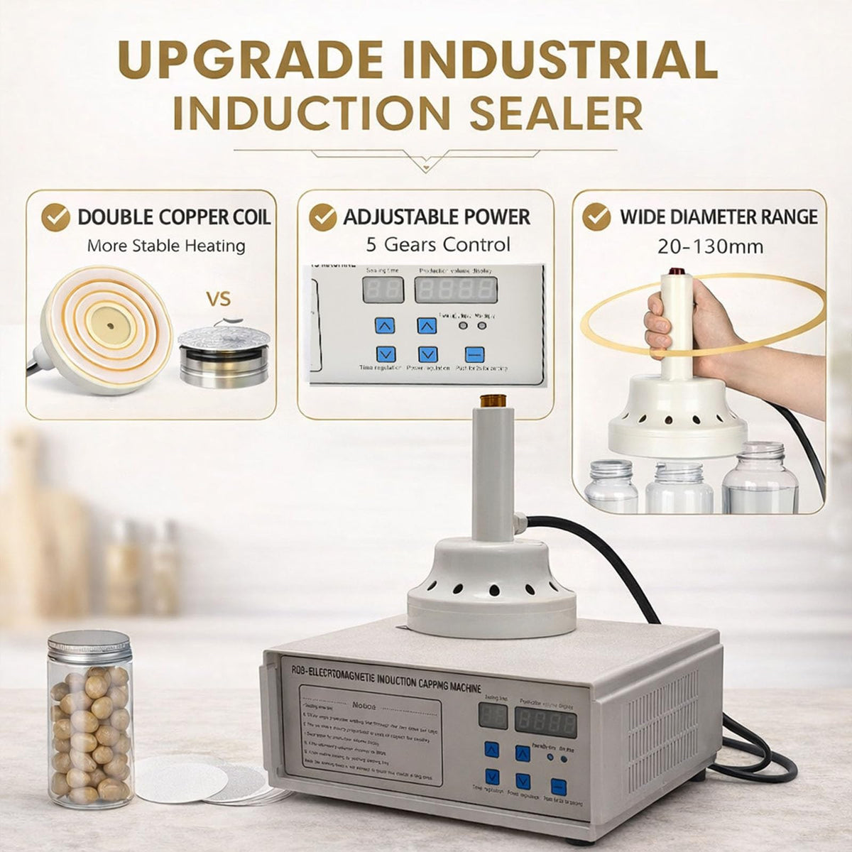 20–130mm Induction Heat Sealer, Portable Handheld Bottle Cap Sealing Machine for Plastic & Glass Bottles, Induction Sealing Machine 110V