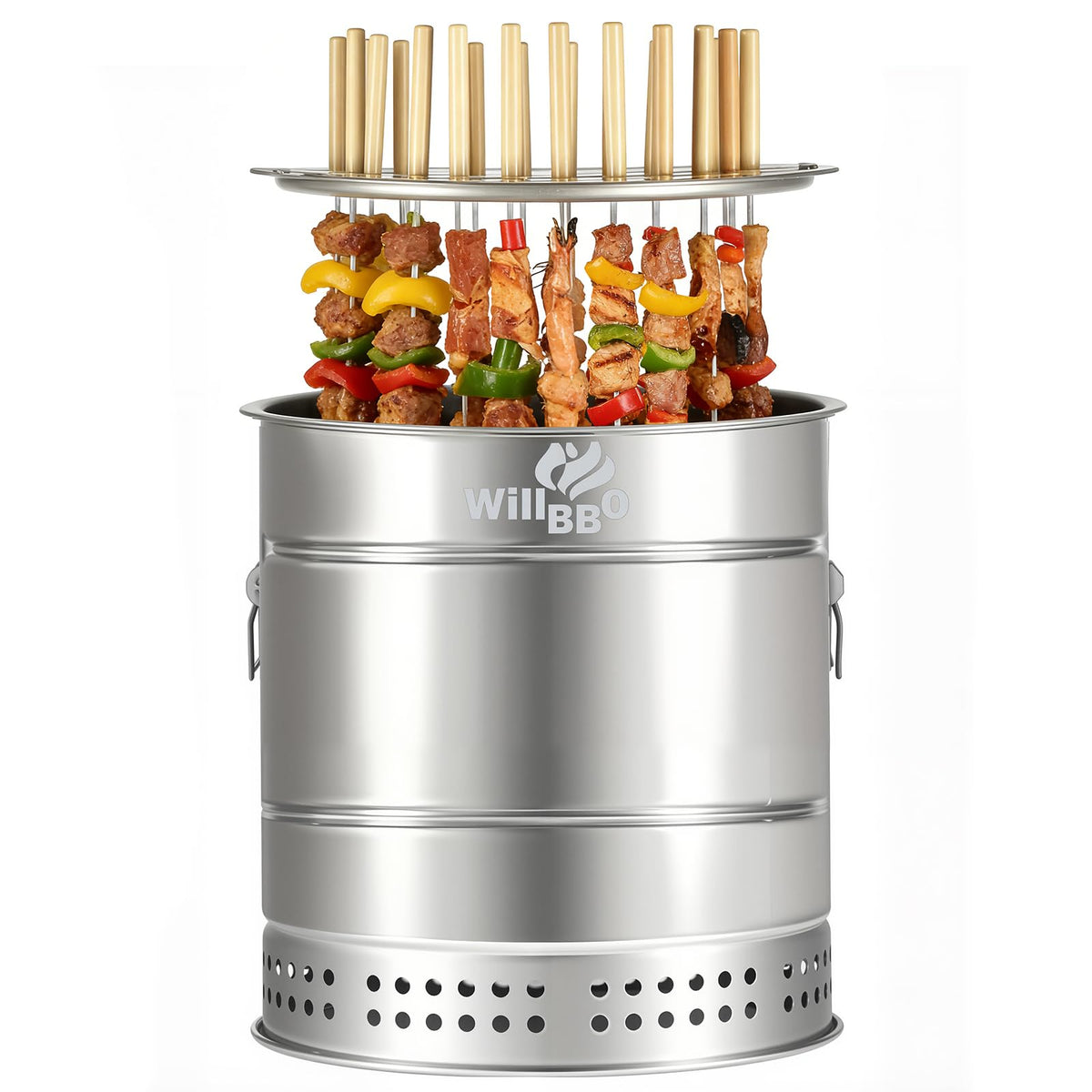 WILLBBQ Large Hanging Charcoal Grills, 360° Barrel Smoker, Stainless Steel Double-Wall Insulated, Portable for Outdoor Camping Patio (Silver)