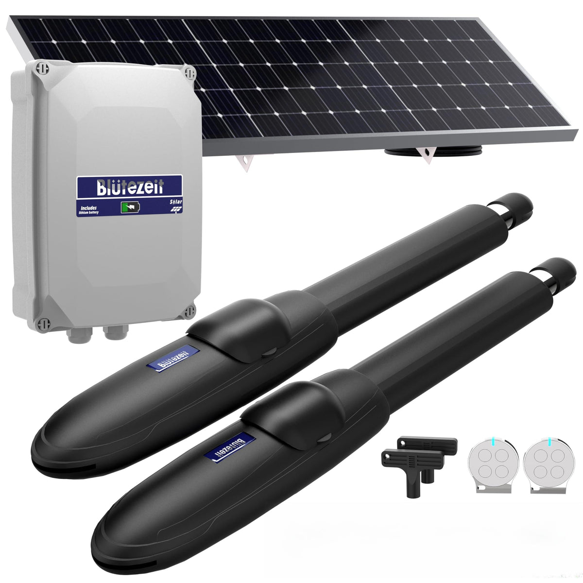 Blütezeit Solar Swing Gate Opener, 1760lb Dual-Arm Operator with Built-in 24V Lithium Battery & 25W Solar Panel, Integrated Control Box for Easy Install, Smart Auto Setting, 2 Remotes & Complete Kits