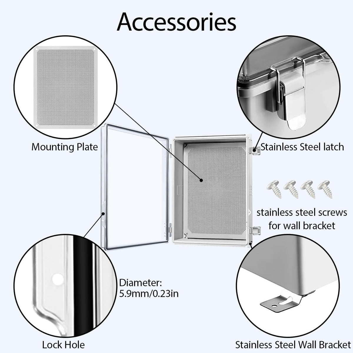 LeMotech Electrical Box, IP67 Waterproof Hinged Clear Cover Stainless Steel Latch Junction Box, ABS Plastic Electrical Enclosure with Mounting Plate,Wall Brackets, Cable Glands,19.6"x15.7"x7.8",Grey