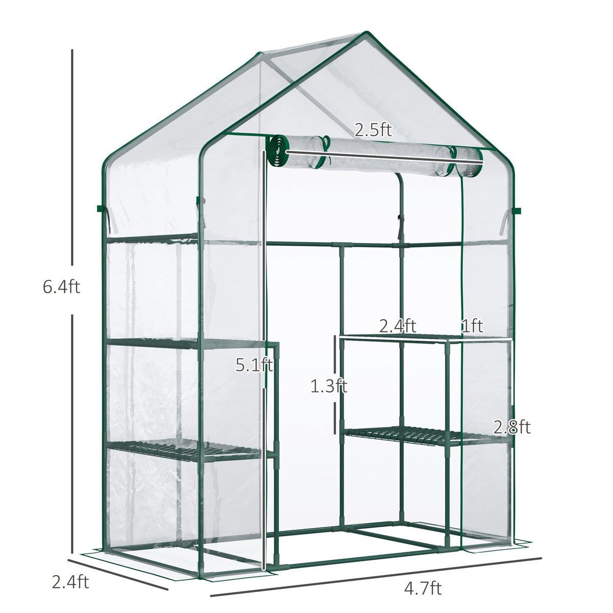 Outsunny 5' x 2.5' x 6.5' Mini Walk-in Greenhouse Kit, Portable Green House with 3 Tier Shelves, Roll-Up Door, and Weatherized Plastic Cover for Backyard Garden, Clear