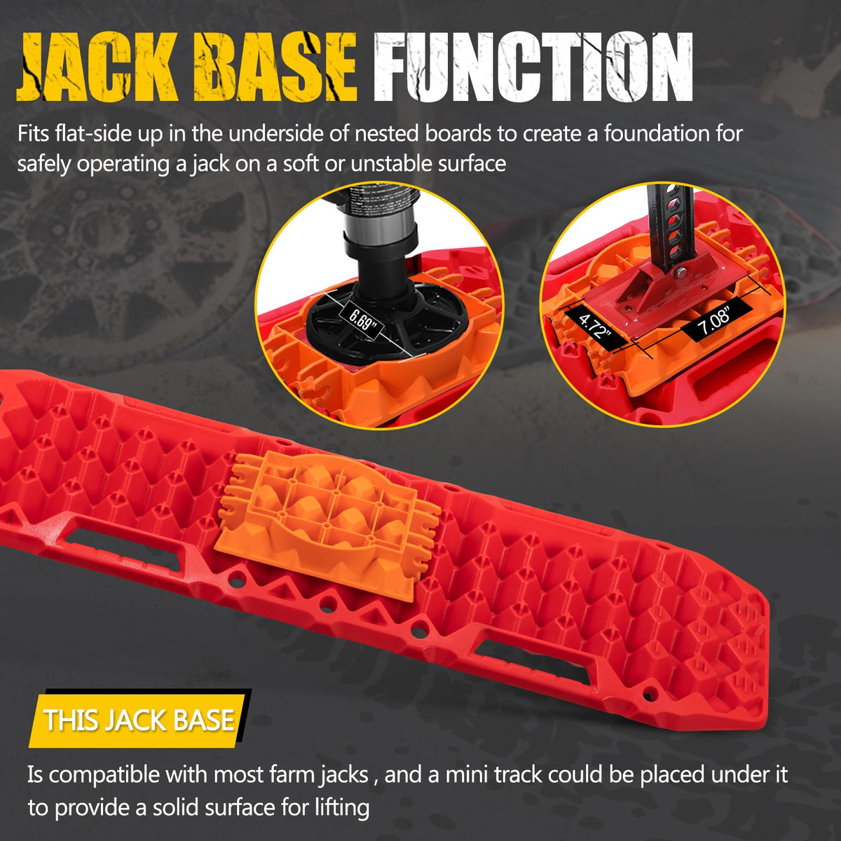 BUNKER INDUST Off-Road Traction Boards with Jack Lift Base,2 Pcs Multifunctional Recovery Track for 4WD UTV SUV Truck-Mud, Snow, Sand Tracks Red Tire Traction Mat with Carry Bag (Gen 9th)