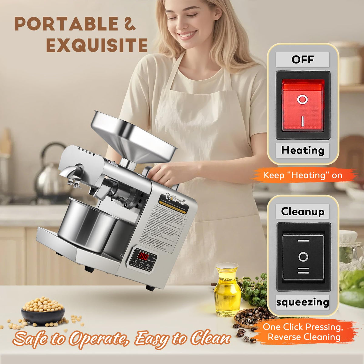 CGOLDENWALL Oil Press Machine,Automatic Oil Making,1000W Oil Extractor for Cold & Hot Pressing,Oil Maker with Intelligent Temperature Controller(32-572°F),Seeds Nuts Oil Expeller,CE(110V, US Plug)