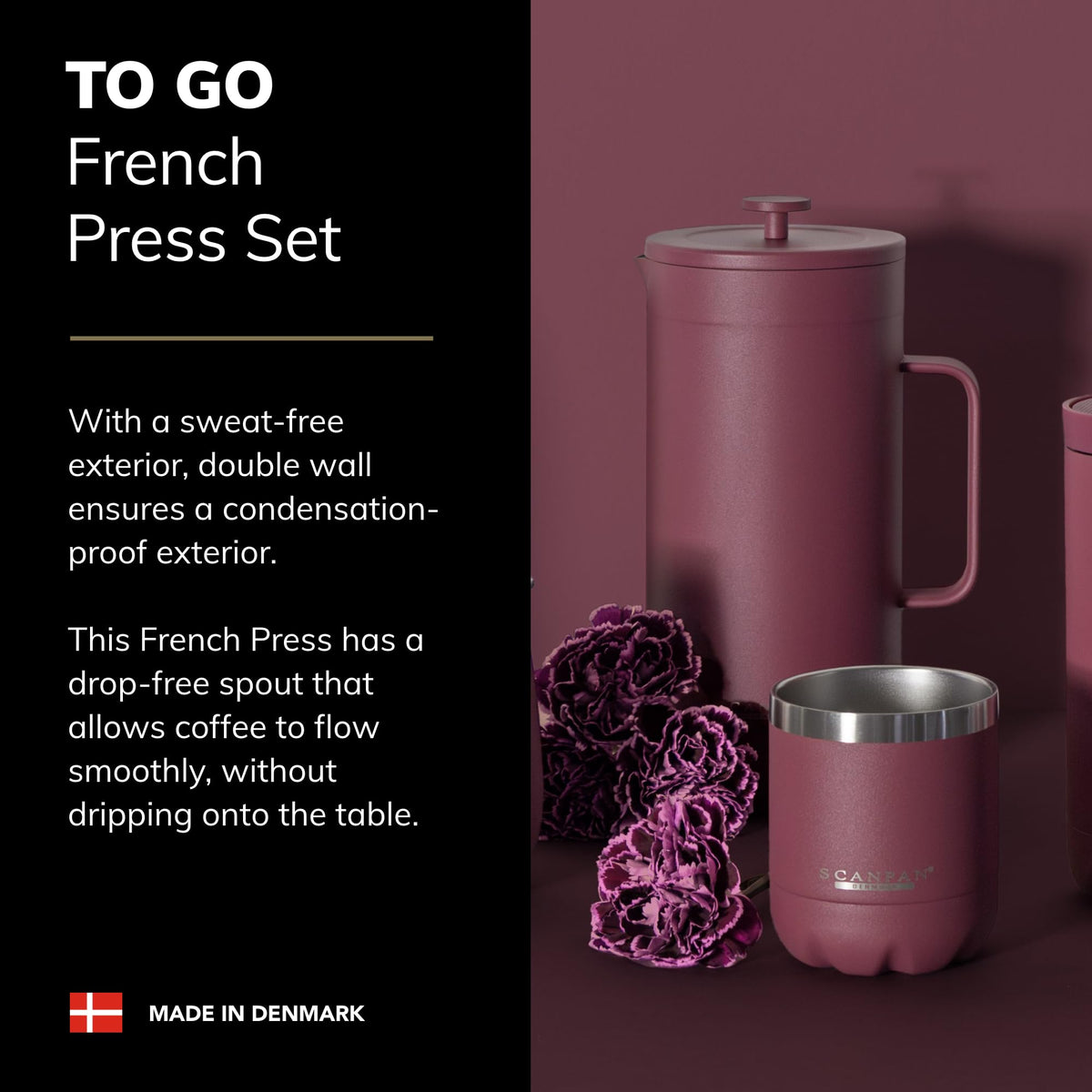 Scanpan TO GO French Press Coffee Maker 1.0L (Persian Red) + 2 Vacuum Cups 350 mL (Persian Red) - 18/8 Food Grade Stainless Steel - Scratch-Free Coating - Dishwasher Safe