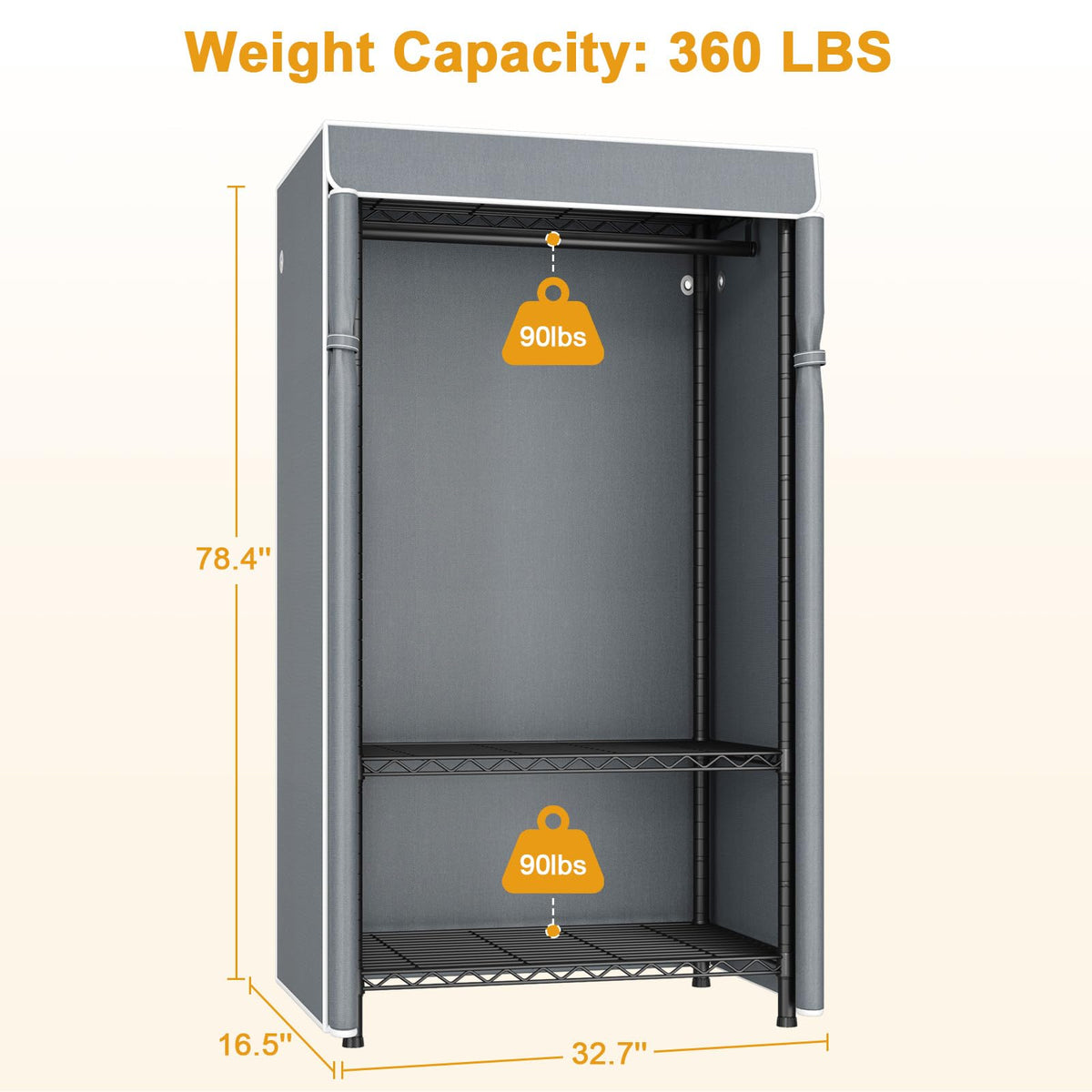 ULIFHOME H5C Clothes Rack with Cover, Portable Closet for Hanging Clothes, Covered Clothing Racks Heavy Duty, Garment Racks with Shelves, Max Load 360LBS, Black Closet Rack with Gray Cover