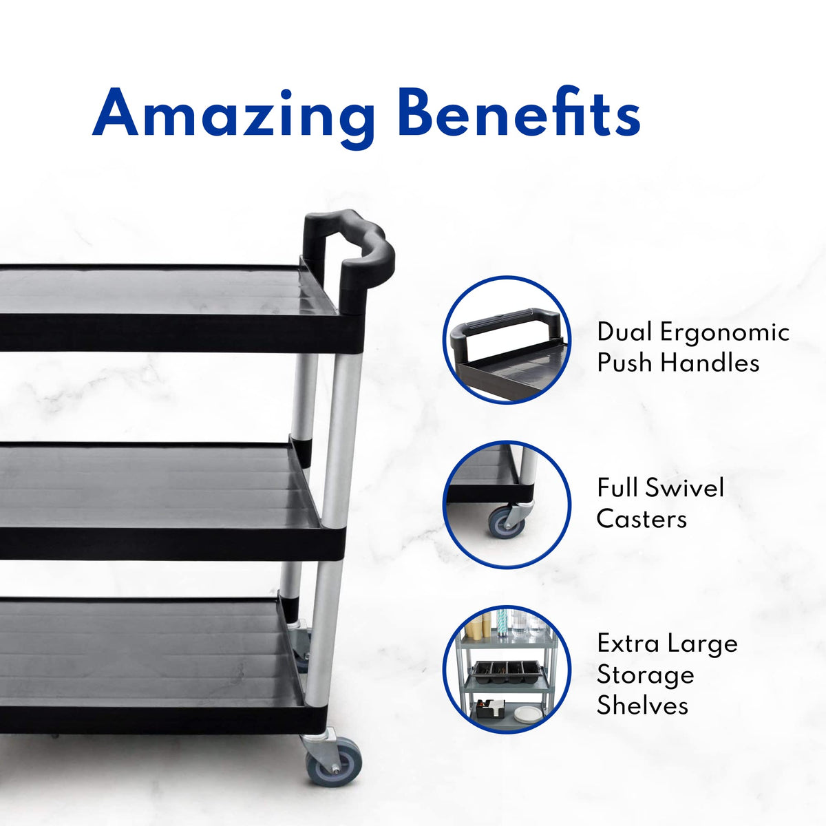 New Star Foodservice Heavy-Duty 3-Tier Plastic Utility Bus Cart with Locking Casters, 350 lb Capacity, 42.5 x 19.5 x 38.5 Inch, Black