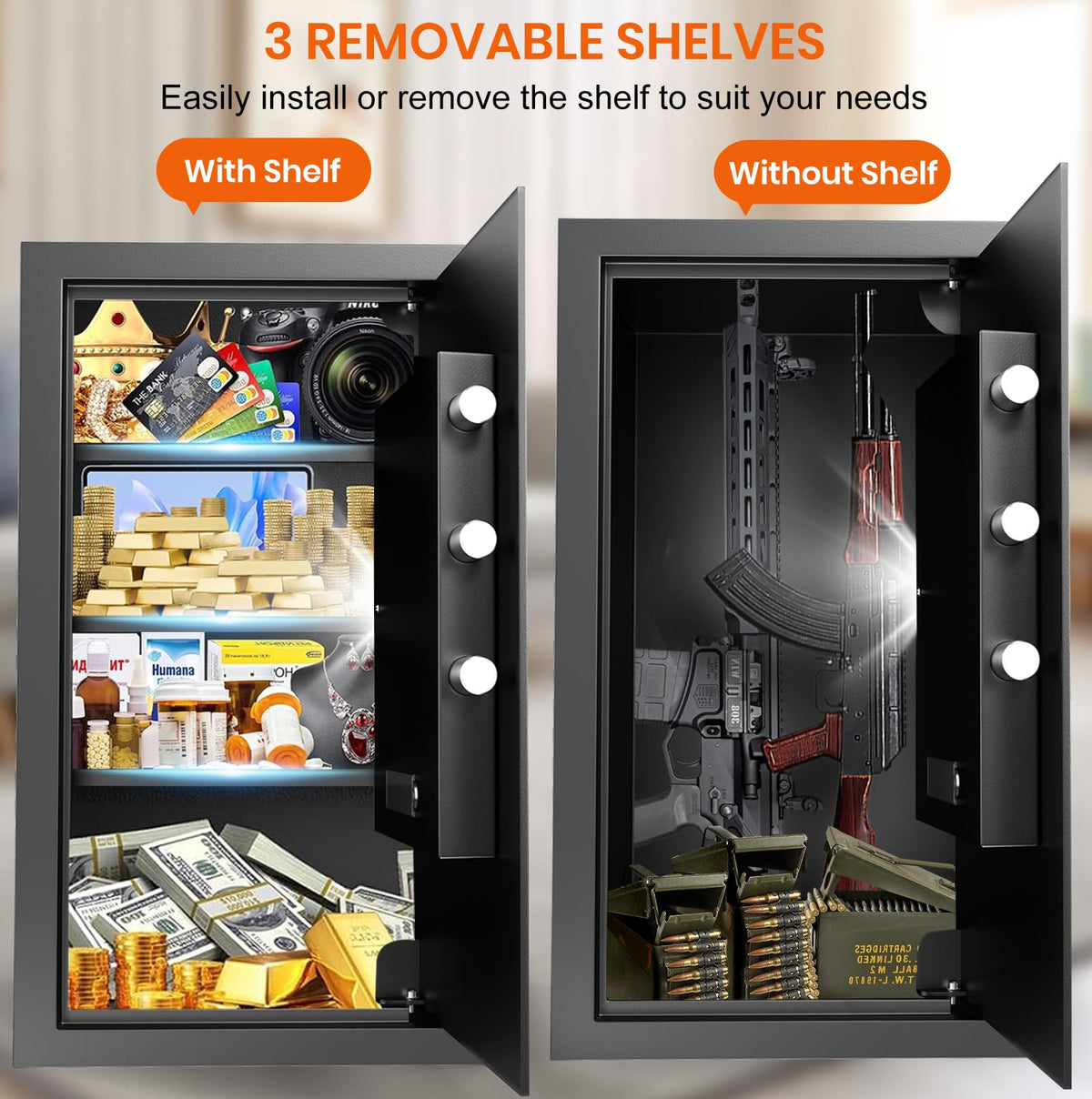6.1 Cuft Heavy Duty Fire Security Home Safe Box, Large Floor Safe with Digital Keypad & Key Lock, Fire Proof Safes for Home with Three Removable Shelf, Anti-theft Fire Safes for Money, Cash, Documents