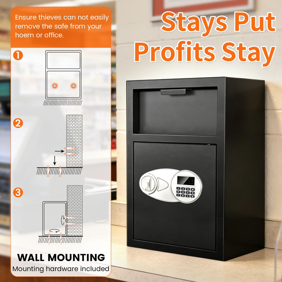 2.6 Cuft Depository Safe for Business with Quick Place Drop Slot, Cash Drop Safes with Digital Combination LCD Display and Anti-Fishing, Security Drop Safe for Cash, Mail, Checks, Document