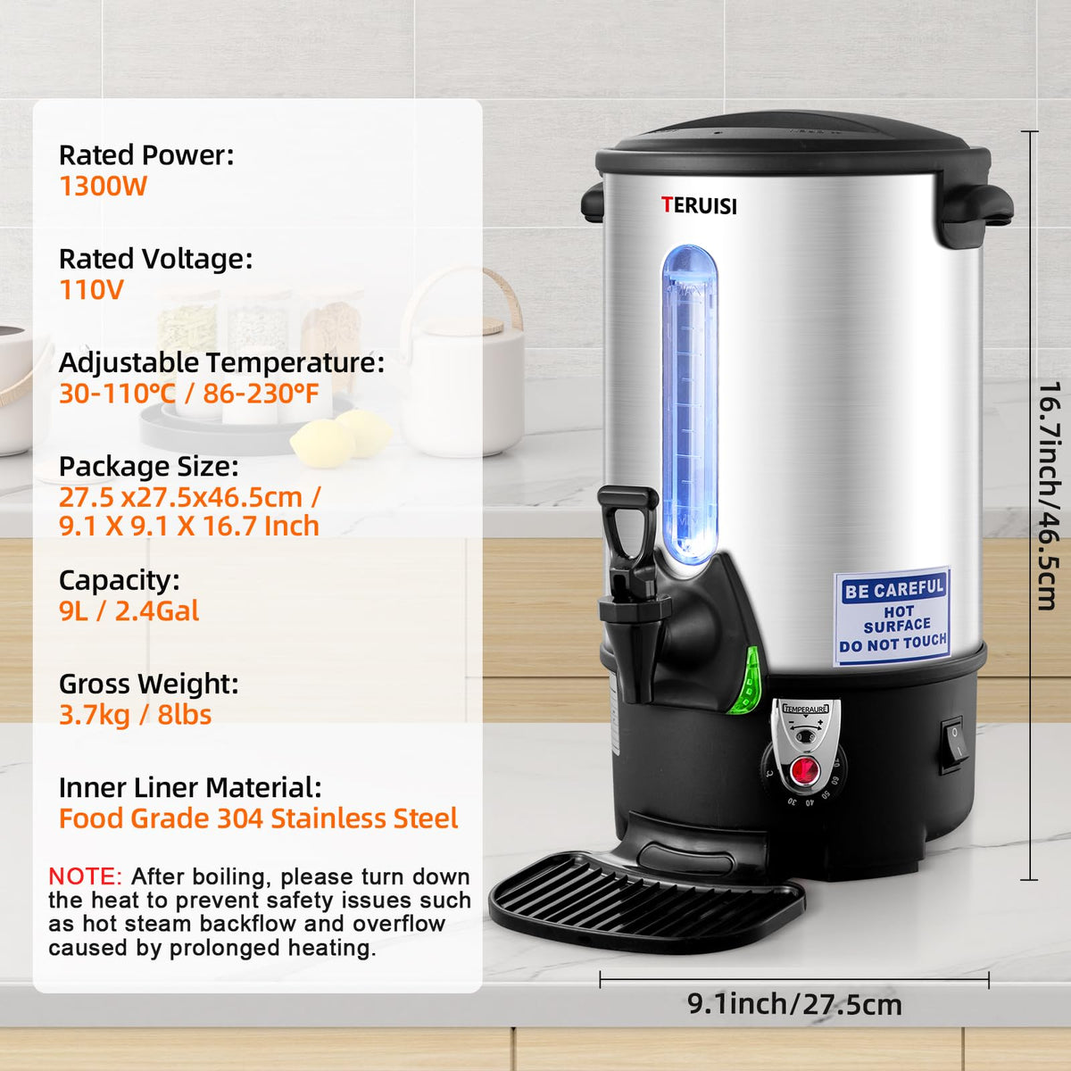 TERUISI Coffee Urn, 65 Cups/9L Commercial Coffee Maker, 1300W Large Coffee Maker Hot Water Tea Urn with Filter Basket & Adjustable Temperature, Stainless Steel Hot Drink Beverage Dispenser