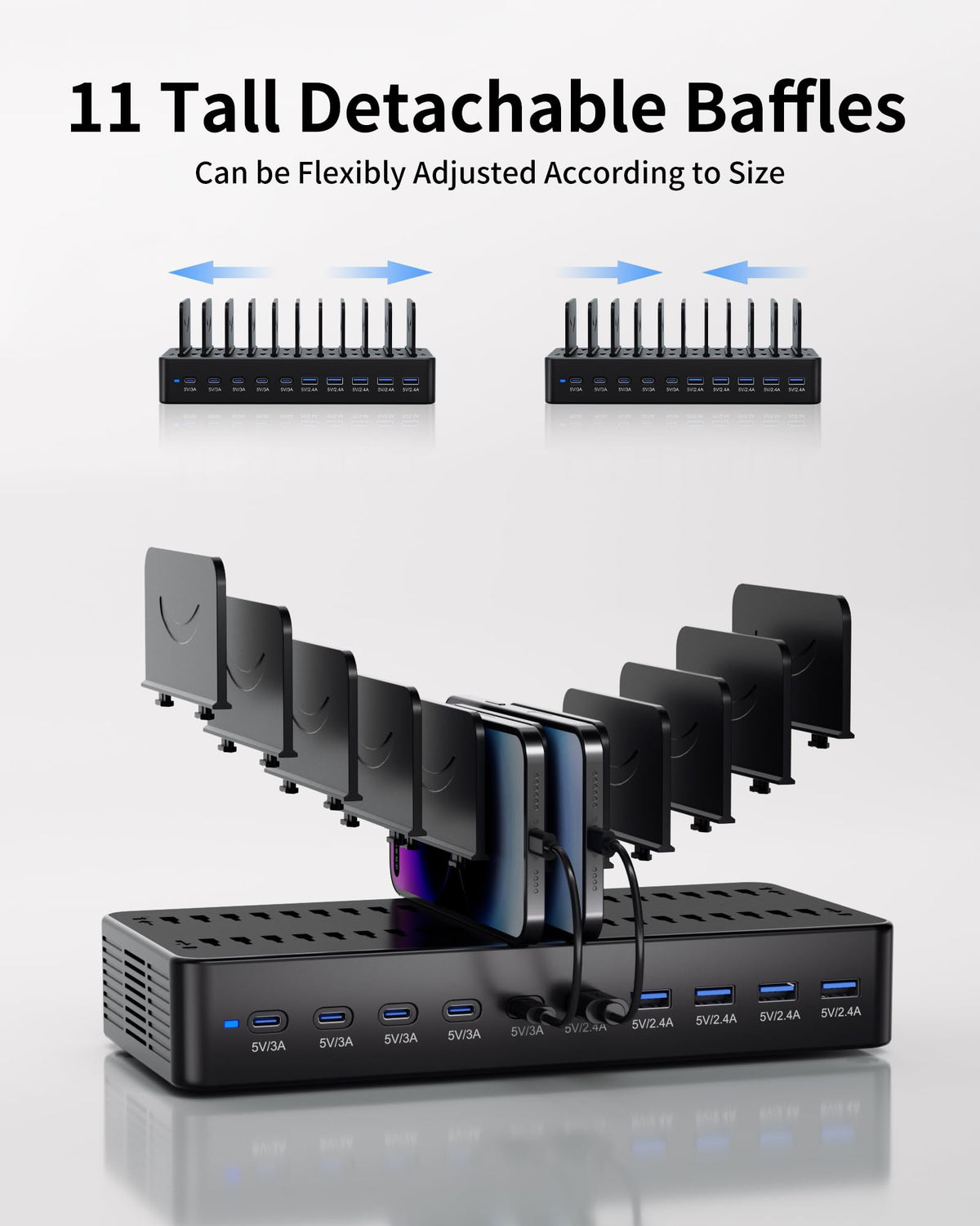100W Charging Station for Multiple Devices, 10-Port USB Fast Charging Station with Adjustable Dividers & 10 Cables- Multi Device Organizer Charging Dock for iPhone, iPad, Tablets & More(Black)