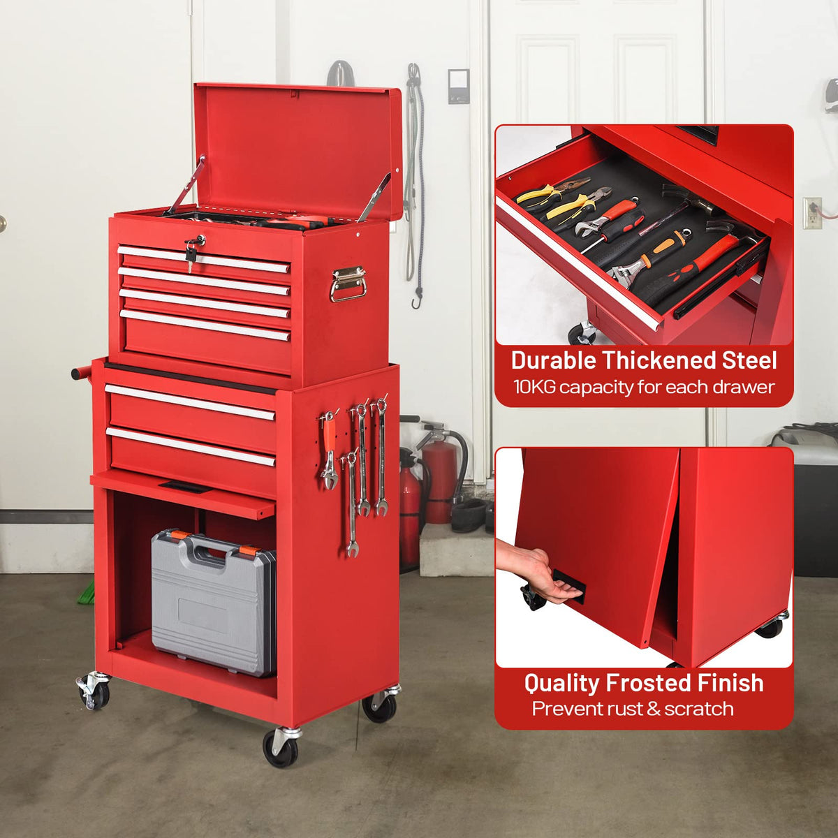 ERGOMASTER Rolling Tool Chest Cabinet Big Tool Storage Cabinet on Wheels and Lock System, Toolbox Organizer with Sliding Liner - 6-Drawers & Red