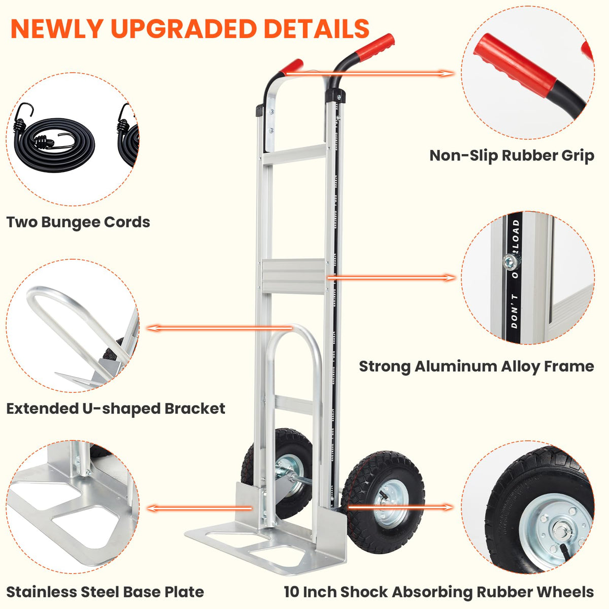 Aluminum Hand Truck Dolly Cart with 10" Pneumatic Tire,Hand Trucks Heavy Duty 600 LBS Capacity,Platform Hand Cart for Transport & Moving in Warehouse, Home, Supermarket