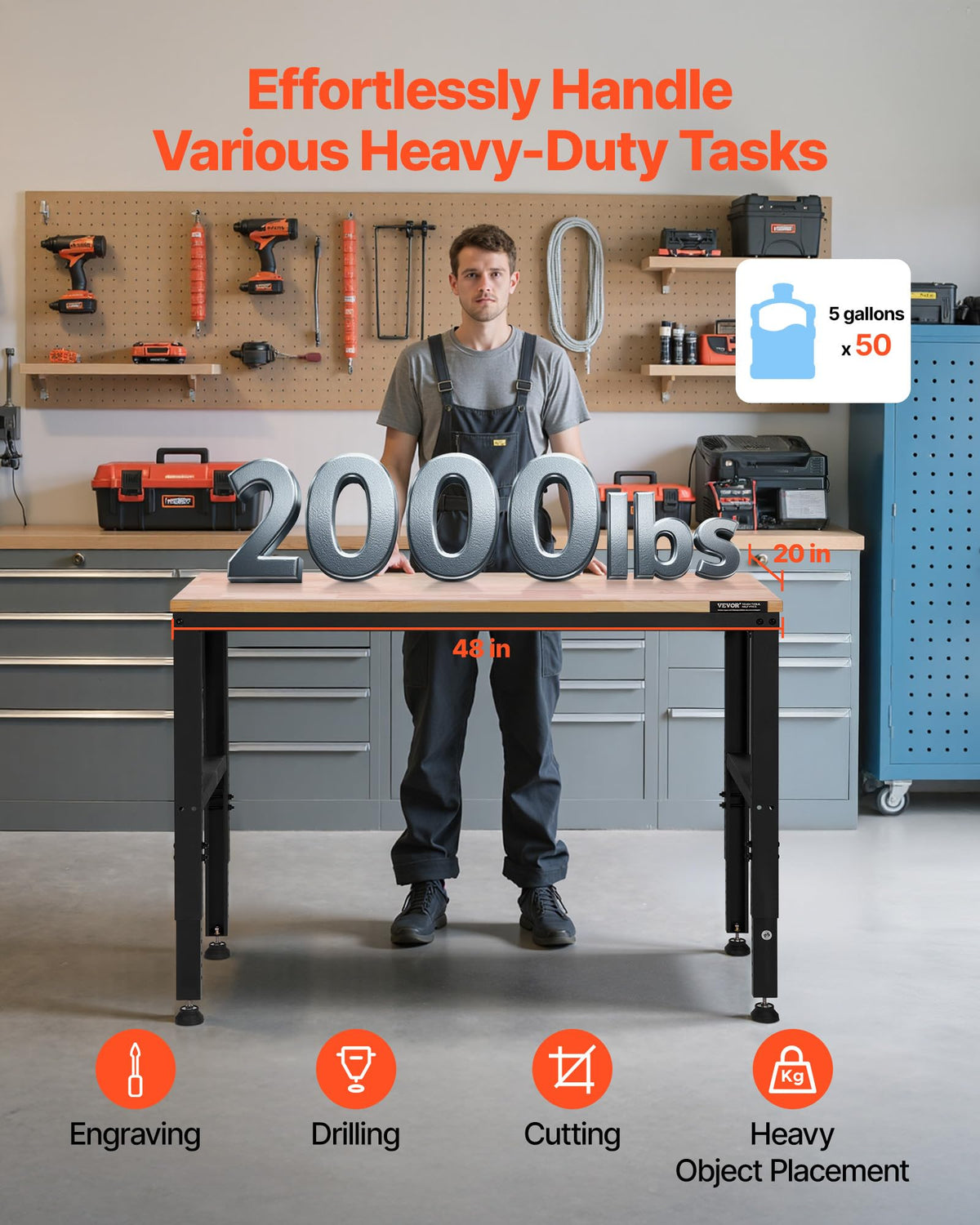 VEVOR Adjustable Workbench, 48 x 20-inch Heavy Duty Work Bench with 28.5-38.3 Inches Height Adjustment, 2000 lbs Capacity Garage Workbench with Power Outlets, Suitable for Office, Garage, Workshop