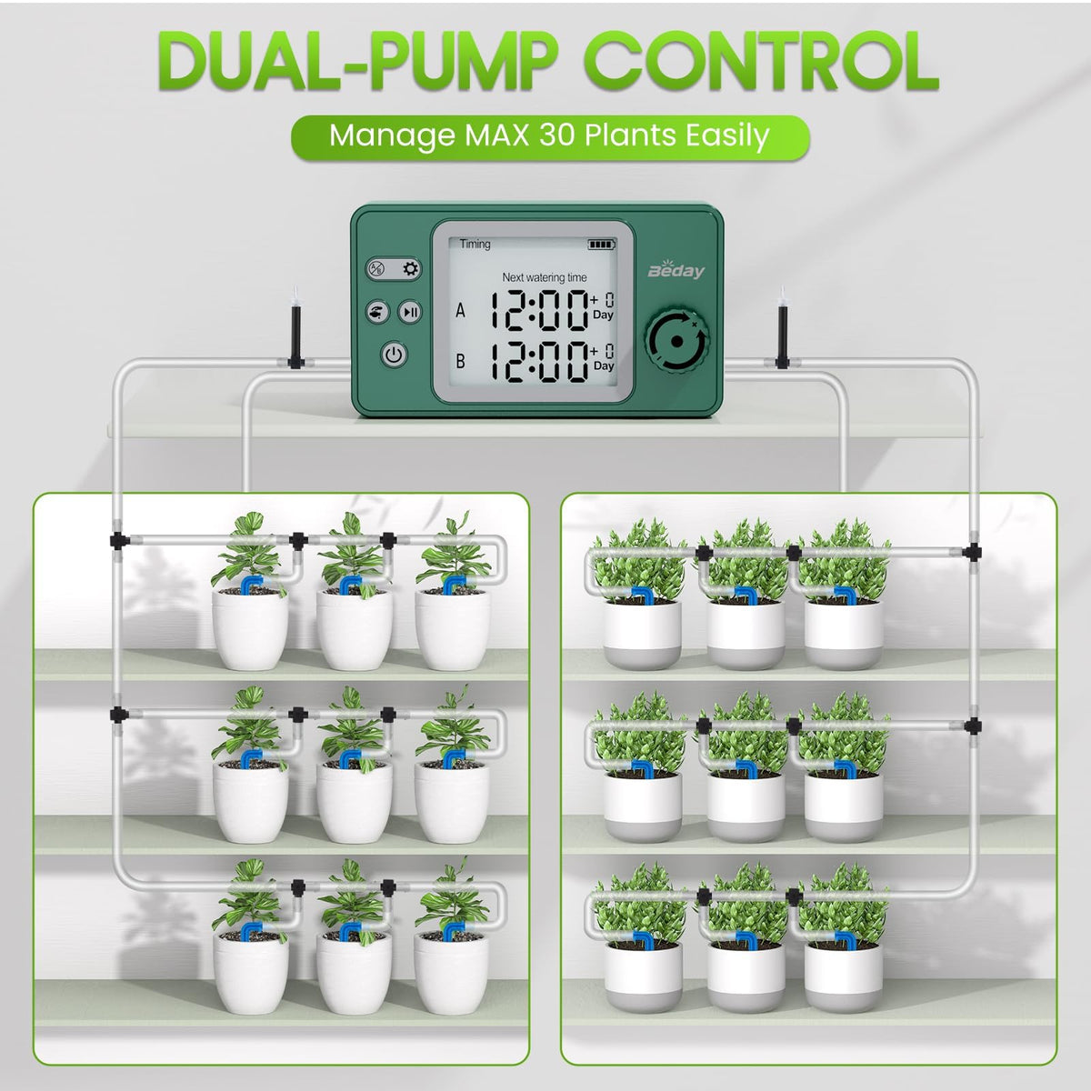 Automatic Watering System Dual Pump for Indoor Plants, Built-in Rechargeable Battery, Two Independent Water Zones, Worry-Free Vacation Drip Irrigation Kit, Water-Saving Smart Plant Waterer, Green