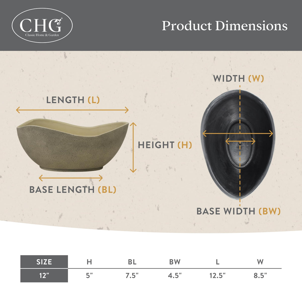 Classic Home and Garden Arc Unique Planter Bowl w/Drain Plug - UV Resistant Shallow Planter - Modern Plant Pot for Herbs (12” Desert)