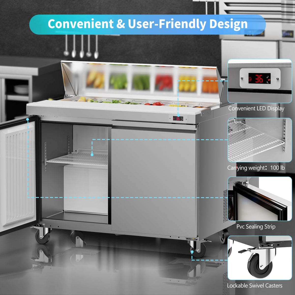 LCEKY 48" W Sandwich Salad Prep Table Refrigerator Commercial Refrigerator with 12 Pans Stainless Steel Fan Cooling Kitchen Equipment