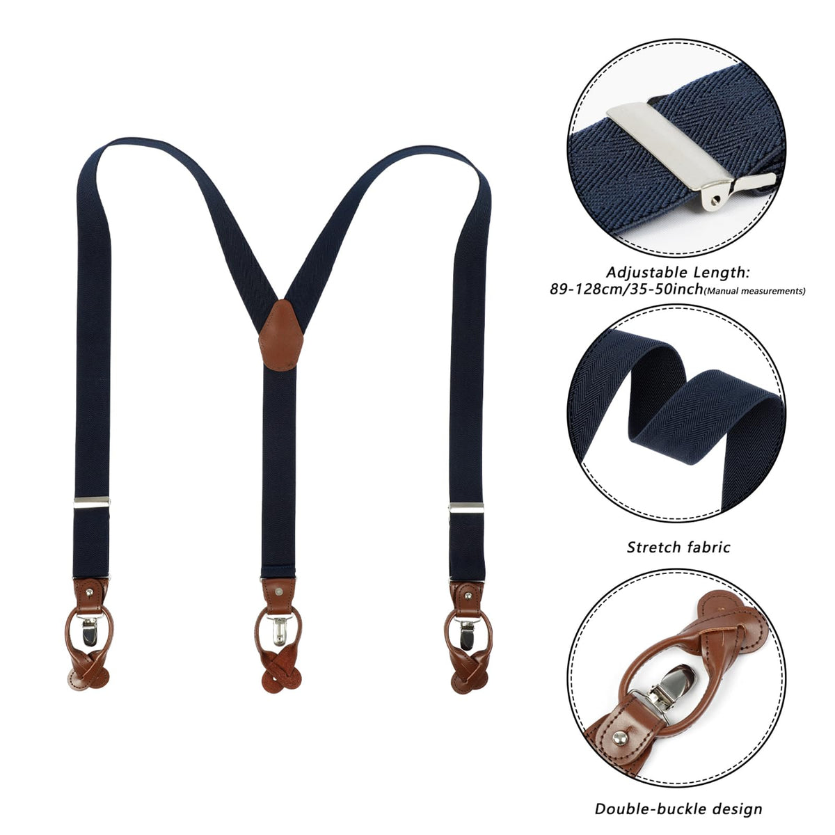 LEHOMU Men Suspenders Adjustable,1.4 Inch Wide Heavy Duty Y-Back Elastic Tuxedo Elastic Mens Suspenders with Leather Buttons and 3 Metal Clips,Dark Blue