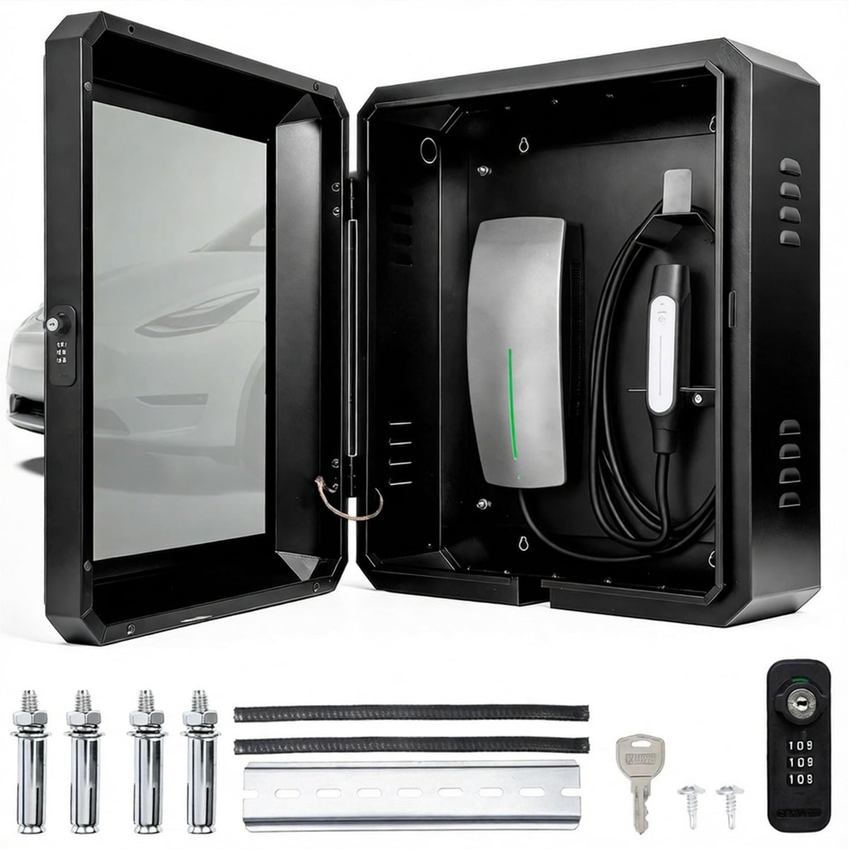 EV Charger Outdoor Lock Box – Wall-Mount Enclosure for Tesla Model Y/3/S/X & Most EV Chargers ≤17”×10”×7” – Weatherproof Anti-Theft with Multiple Cable Entry
