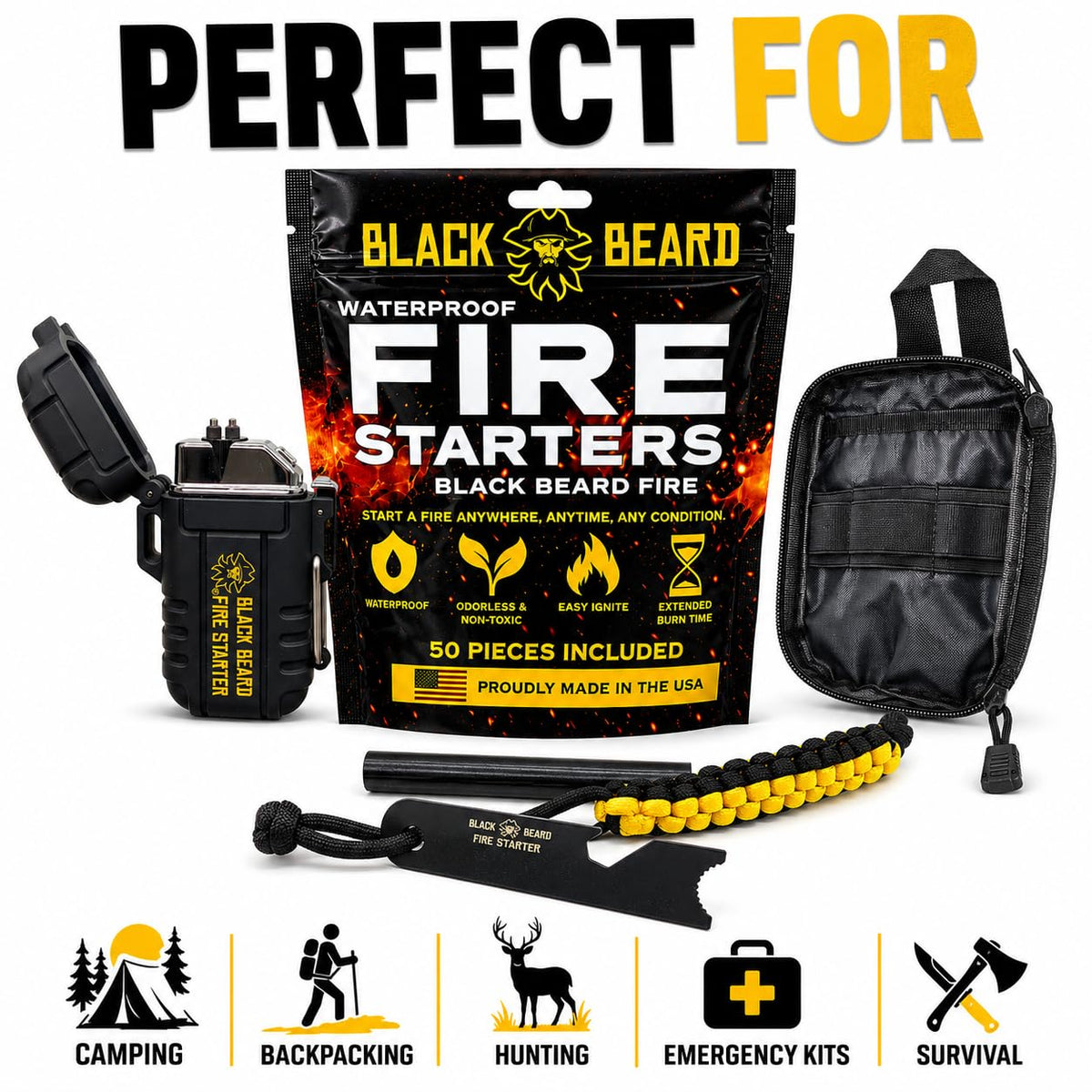 Black Beard Fire Plug Kit - 50 Waterproof Fire Plugs, Arc Lighter, Ferro Rod and Organizer Case for Camping, Backpacking and Emergency Survival