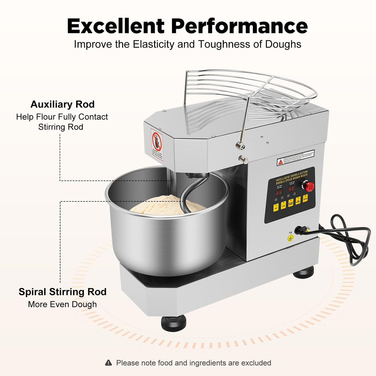 CUBELLIN 10L/2.6 Gal Commercial Spiral Mixer 750W Electric Dough Mixer Speed Adjustable Stainless Steel Dough Kneading Machine for Dough, Salad, Cream