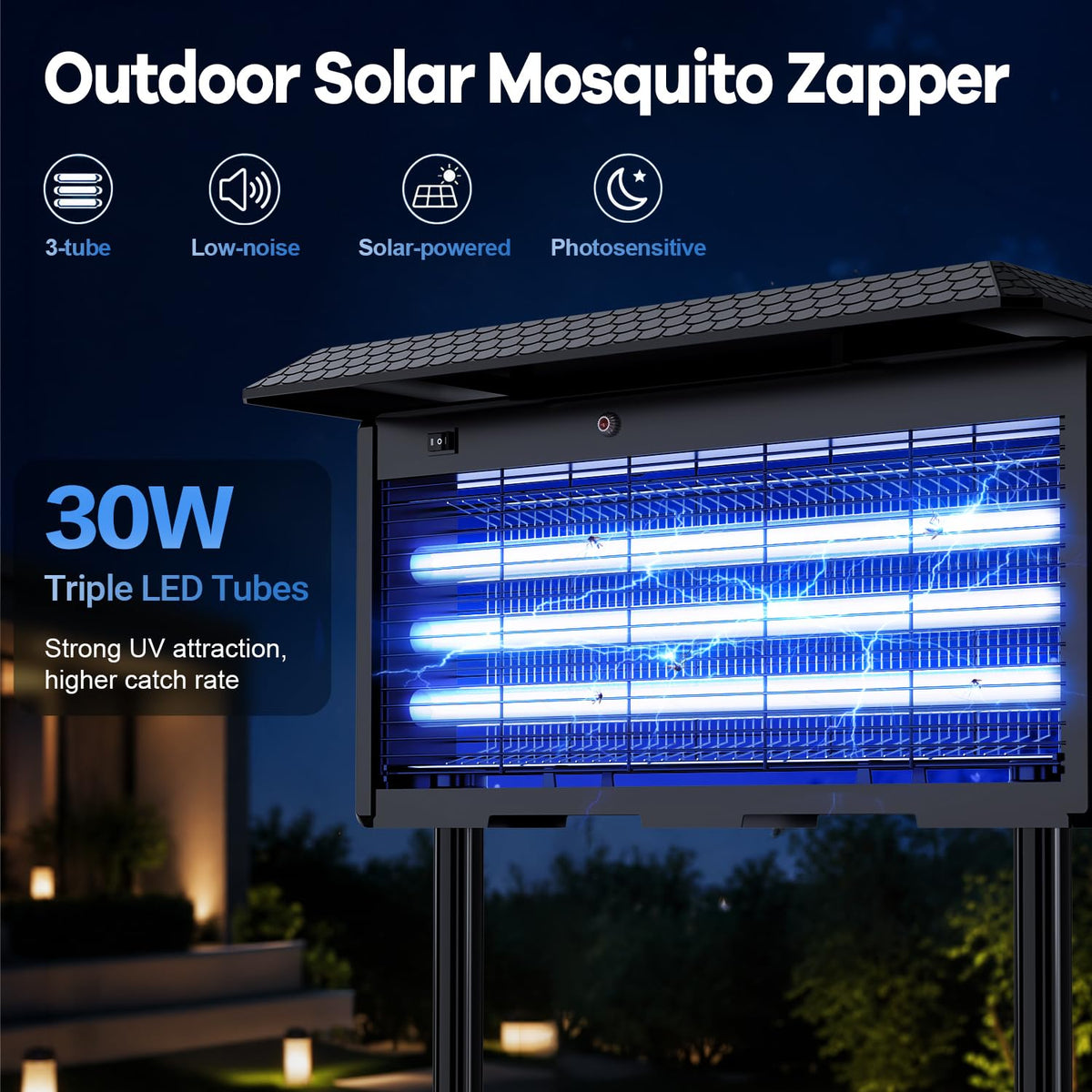 Solar Bug Zapper Outdoor, 30W Mosquito Zapper for 3500 sq.ft, Waterproof Fly Killer, Rechargeable Electric Mosquito Killer, Auto On/Off Dusk to Dawn, Cordless Insect Trap for Patio, Yard, Garden, Home