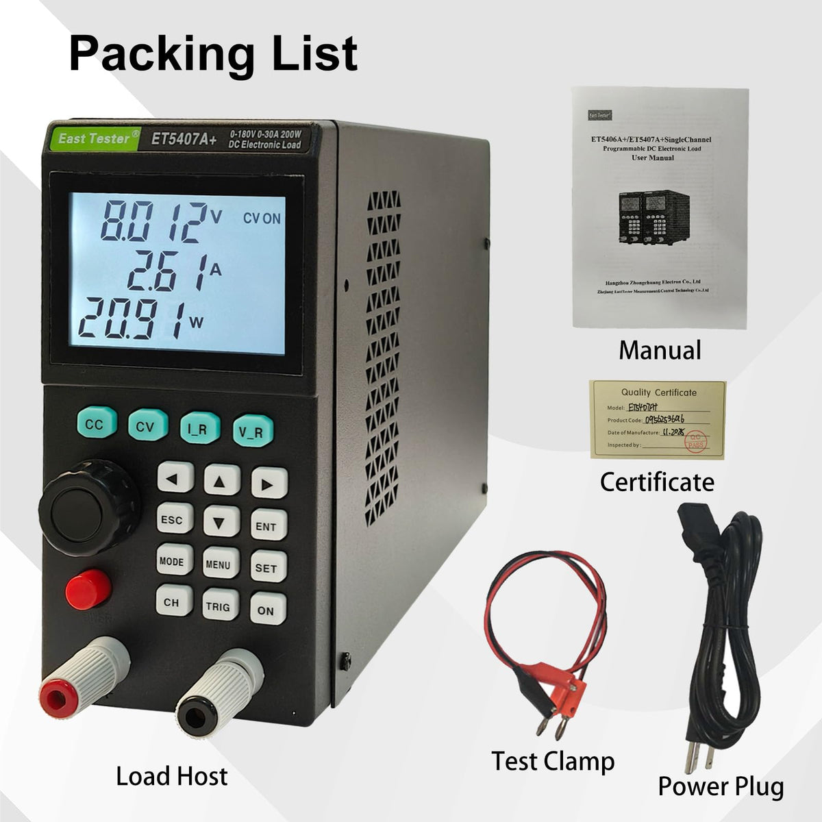 ET5407A+ Programmable DC Electronic Load 200W 0–180V 0–30A 1mV/1mA High-Resolution Battery Power Supply Tester with CC/CV/CR/CP Modes USB Control LCD Display for Lab R&D