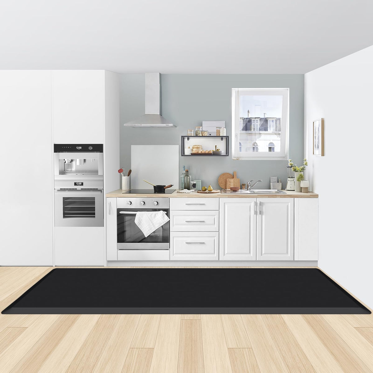 KitchenClouds Kitchen Mat Cushioned Anti Fatigue Rug 30"x108" Water Resistant, Non Slip, Standing and Comfort Desk/Floor Mats for House Sink Office (Black,0.8inch)