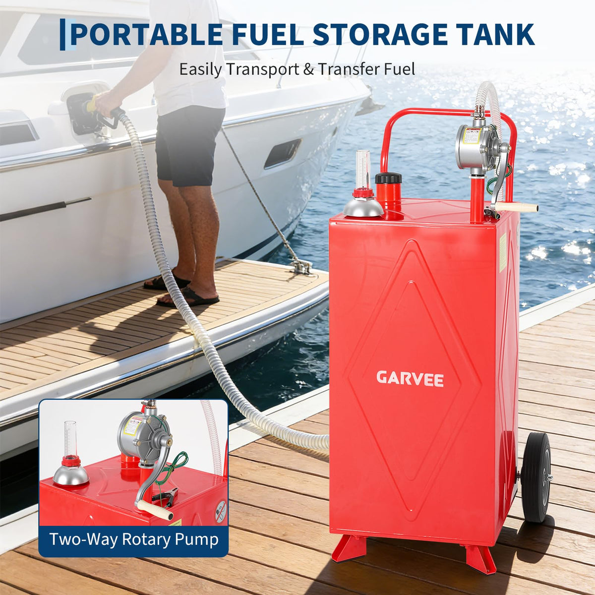 35 Gallon Fuel Gas Caddy Storage Tank, Portable Gas Caddy with Wheels, Manual Hand Crank Transfer Pump, Fuel Hose, Wide Fill Neck, Level Gauge, Mobile Gasoline Diesel Fuel Transfer Tank for ATV, Lawn Mower, Tractor, Car, Boat, Equipment