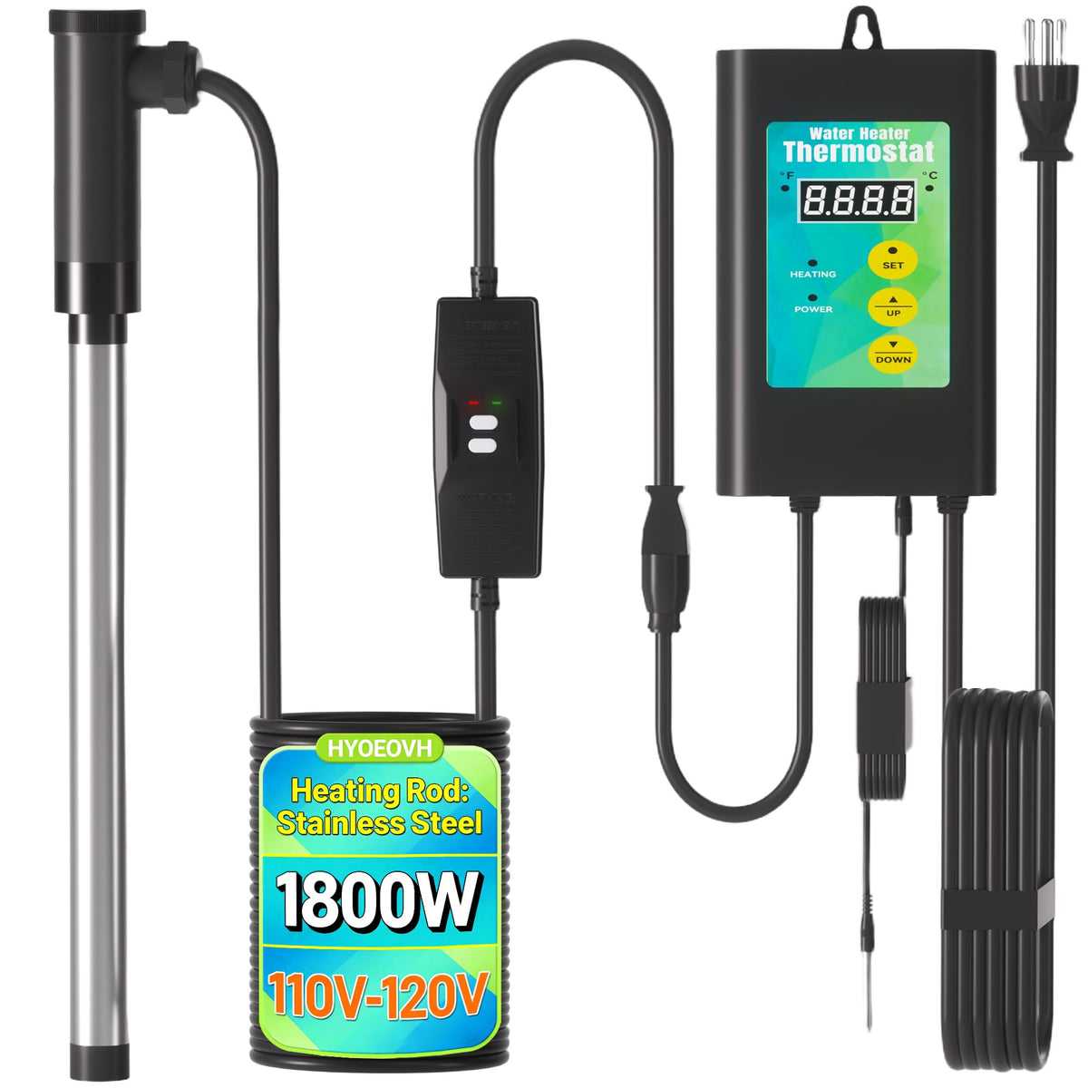 1800W Immersion Heater for Hot Tub, 304 Stainless Steel Submersible Immersion Heater with GFCI & Digital Thermostat, for Bathtub, Home SPA, Camping, Baptistery, Medium Stock Tank, Outdoor Use