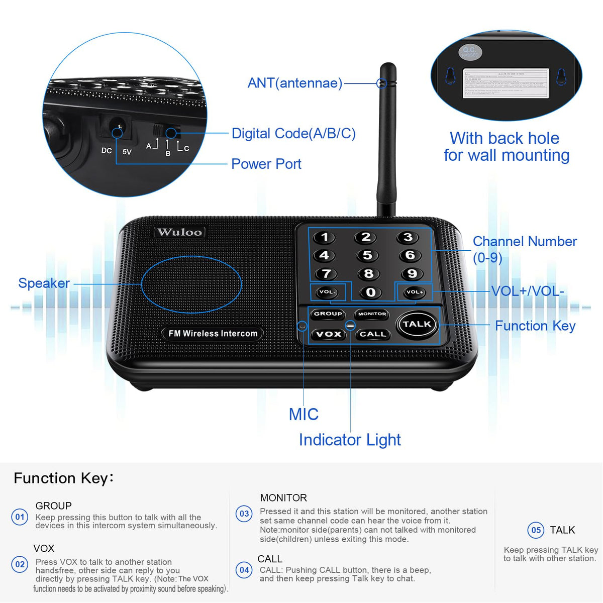 Wireless Intercom System for Home 5280 Feet Range 10 Channel 3 Code, Intercoms Wireless for Home House Business Office, Home Communication System, Room to Room Intercom Wuloo WL666（4 Units Set Black