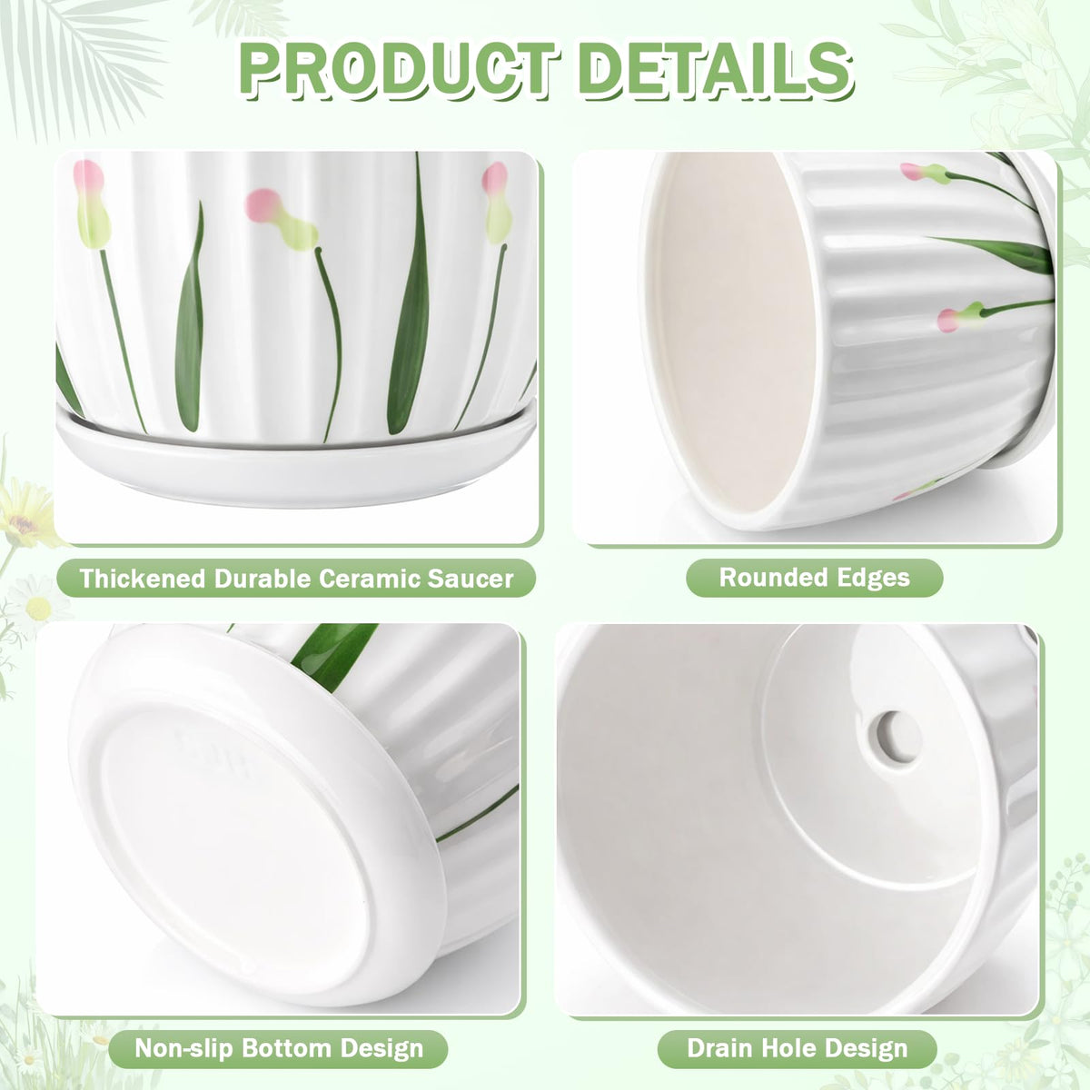 Acellegic 4 Pack Ceramic Orchid Pots with Drainage Holes and Tray 3.35+4.33+5.51+6.61 Inch Ceramic Plant Pot White Garden Planter for Indoor Outdoor Home Decor Gifts for Plant Lovers