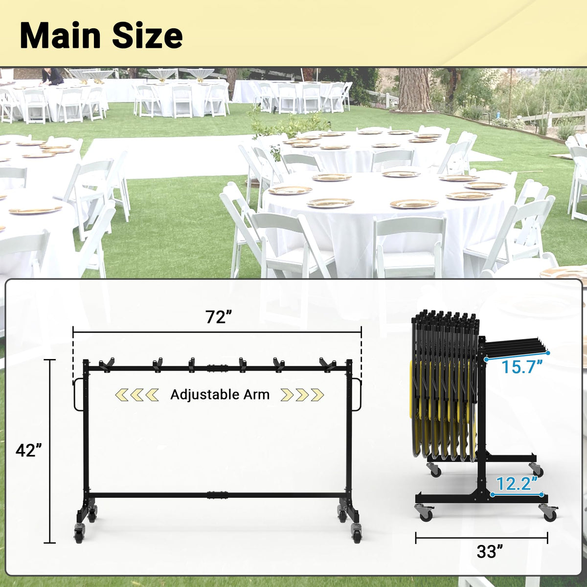 Eastrexon Folding Chair Rack, Heavy-Duty Folding Chair Cart with Swivel Wheels, 600 LBS Capacity for 12 Tables or 42 Chairs, Chair and Table Cart w/Dust Cover and 2 Binding Ropes, 72”L x 33”W x 42”H