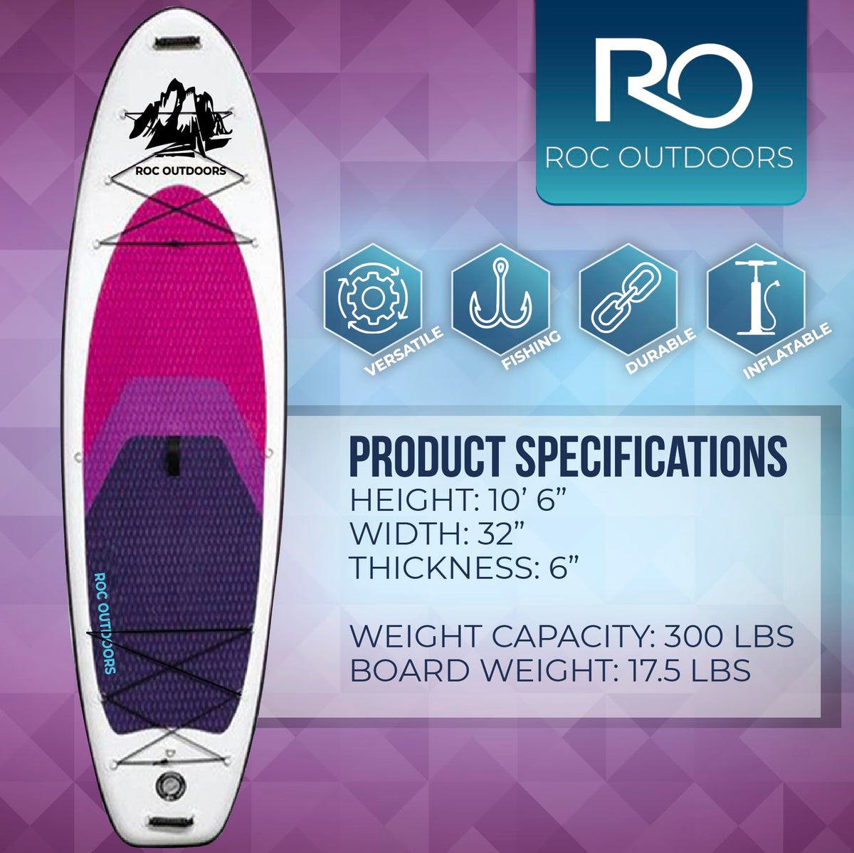 Roc Inflatable Stand Up Paddle Board 10' 6" with Premium SUP Paddle Board Accessories, Wide Stable Design, Non-Slip Comfort Deck for Youth & Adults (Violet)