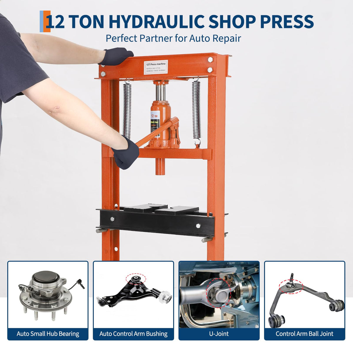 Garvee Hydraulic Shop Press, 12 T H-Frame Garage Floor Shop Press Adjustable Hydraulic Press with Press Plates, Orange