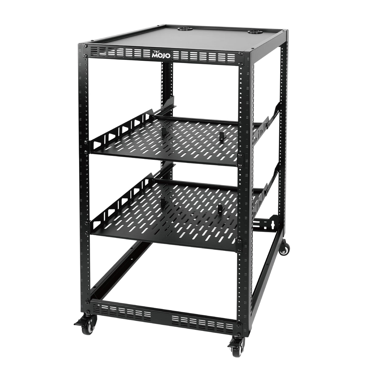 TECMOJO 20U Open Frame Network Rack for IT & AV Gear, 4-Post With Casters, Mobile With 2 PCS 1U Server Shelf & Mounting Hardware, for 19" Network, Audio and Video Device