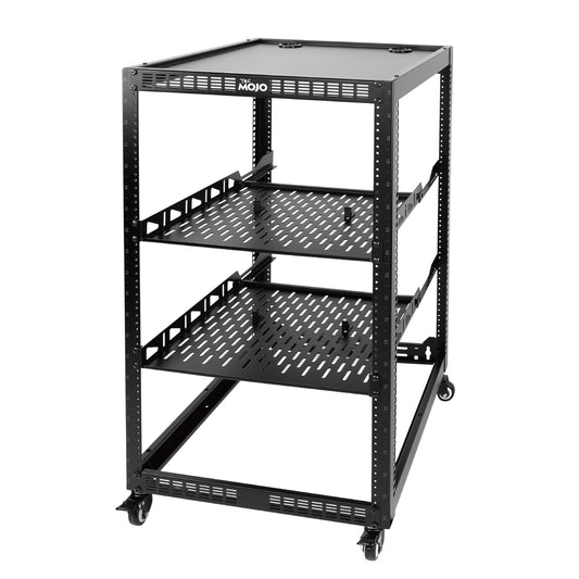 TECMOJO 20U Open Frame Network Rack for IT & AV Gear, 4-Post With Casters, Mobile With 2 PCS 1U Server Shelf & Mounting Hardware, for 19" Network, Audio and Video Device