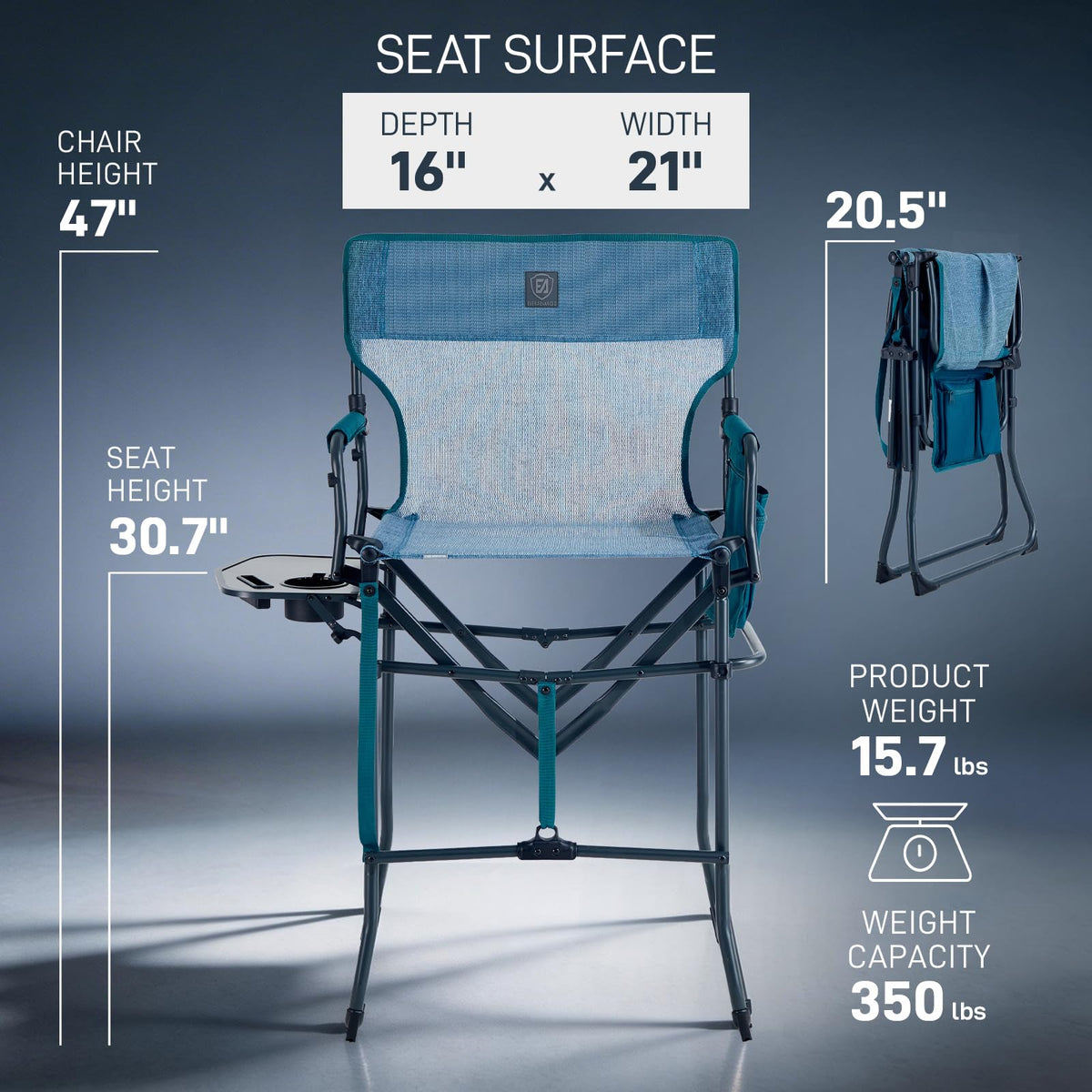 EVER ADVANCED Portable 30.7" Seat Height Tall Folding Camping Chair Directors Chair High Foldable Bar Stool with Side Table for Makeup Artist, Sports Event, Craft Show, Stretch Mesh, Supports 350LBS