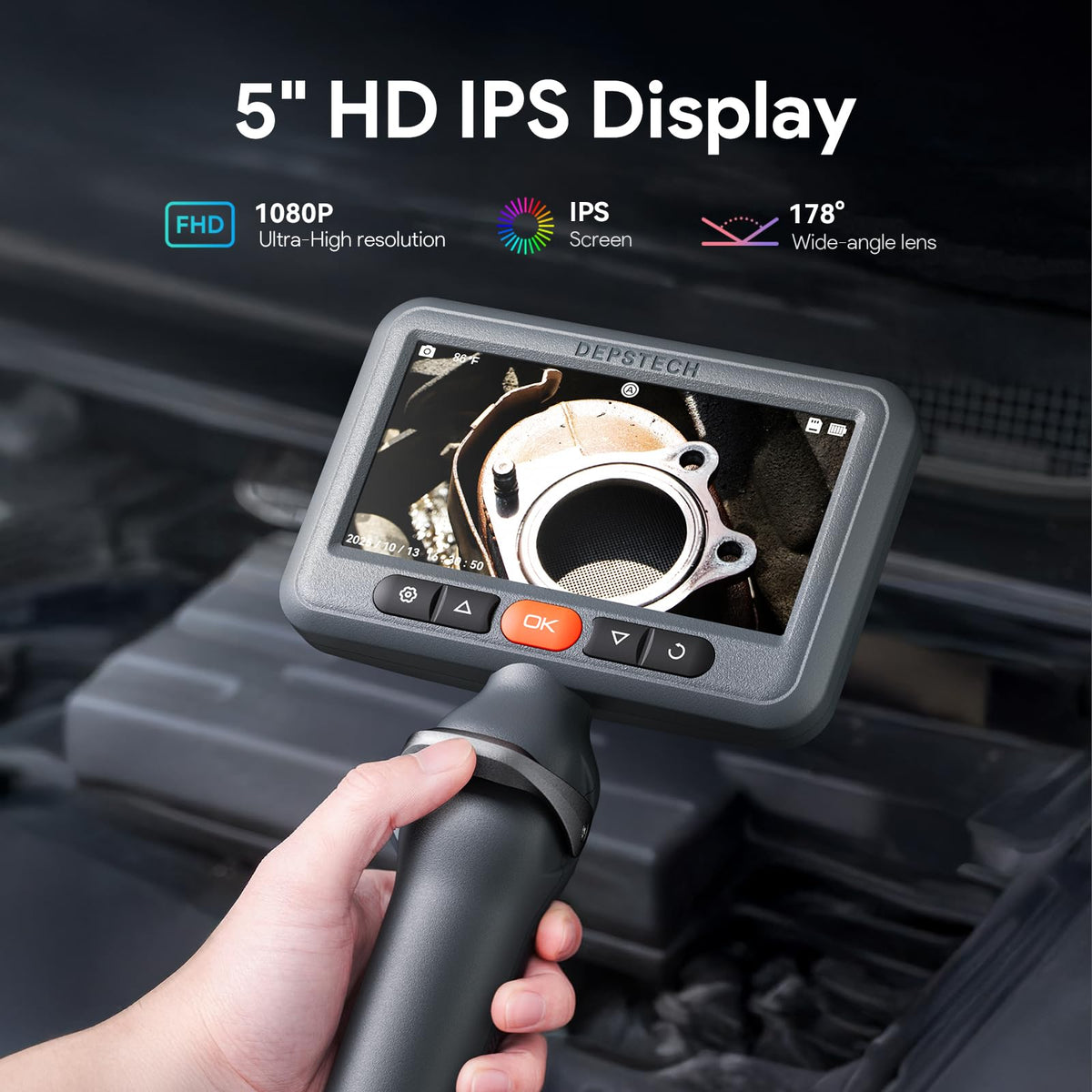 DEPSTECH Dual Lens Borescope Camera with Light, Two-Way Articulating Borescope, 5" IPS Dual View Endoscope with 0.33in Slim Probe, 1080P Waterproof Inspection Camera for Wall Auto Engine Inspect-5FT