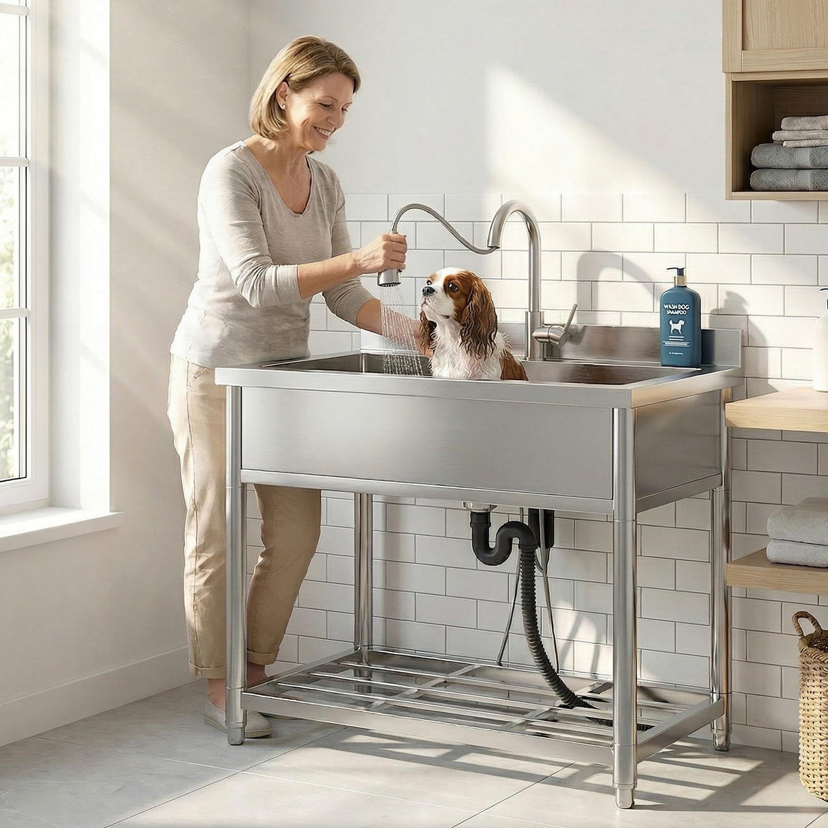 GGW Stainless Steel Large Utility Sink Single Bowl, Freestanding Laundry Sink with Pull-Out Faucet, Utility Sink for Laundry Room, Garage, Kitchen, Outdoor/Indoor Use, W35.4" x D22.4" x H37"
