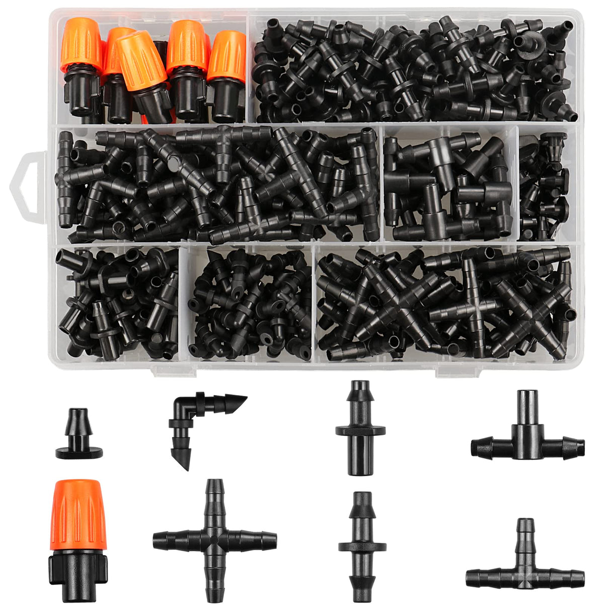 250 Pcs Drip Irrigation Fittings Kit for 1/4" Tubing：Gardrip 1/4 Inch Drip Irrigation Barbed Connectors (Nozzles, Nozzle Tees, Single Barbs, Couplings, Tees, Elbows, Plugs, Crosses) for Garden Systems