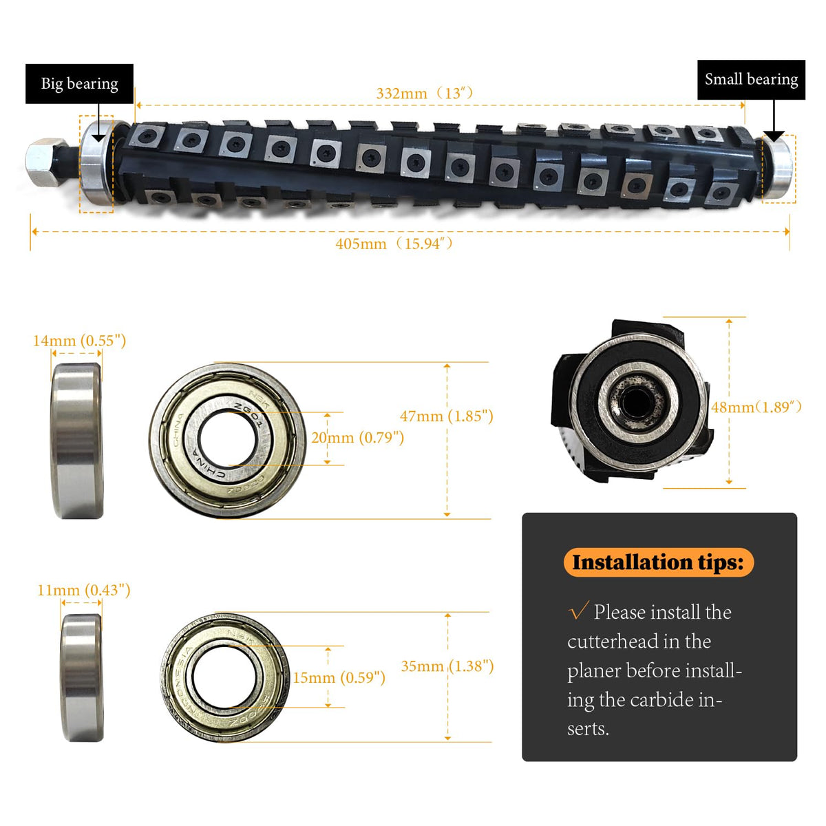 Spiral Cutterhead for DeWalt Planer DW735 DW735X Thickness Planer 13 Inch Spiral Cutter Head with Reversible Carbide Inserts Woodworking Helical Cutter Head